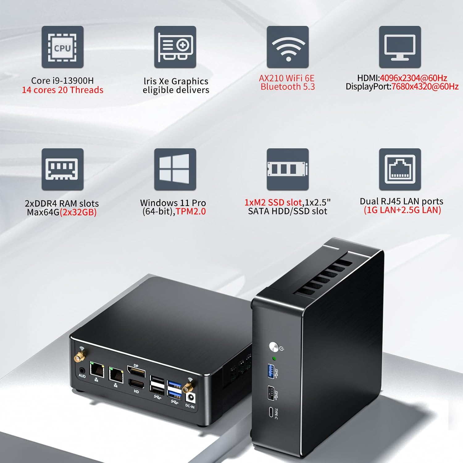 Mini PC I9, Desktop Computer with Core I9-13900H, 14 Cores Upto 5.4Ghz, Windows 11 Pro, 64G DDR4, 2T M.2 PCIE4.0 SSD, DP/HDMI/USB-C Triple Display, Support 8K/4K@60Hz, Dual LAN, Wifi6E/Bt5.3 image number 4