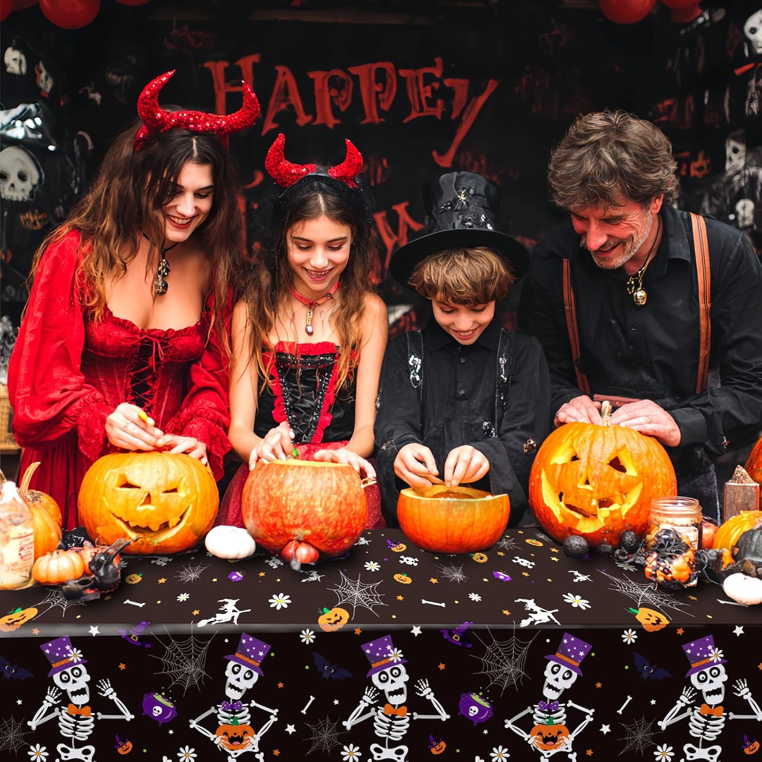OQOQ Halloween Tablecloth (3, Black Orange Purple), 108X54 Inches Halloween Plastic Table Cloth Disposable Party Favors Pumpkin Boo for Outdoor Indoor Table Decor Backdrop Banner Party Supplies image number 3