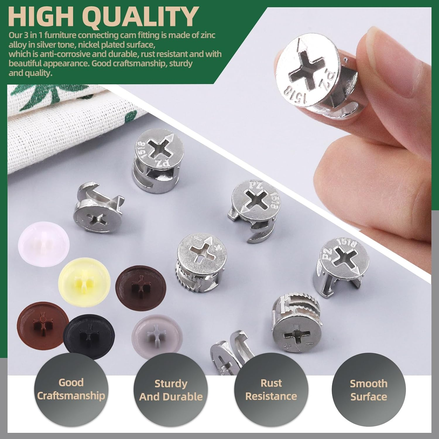 Keadic 120Pcs Furniture Connecting Cam Lock Fittings Assortment Kit with Plastic Screw Cover Caps, Joint Connector Nut Cabinet Connectors Hardware Bolts for Wardrobe Drawer Closets Bed image number 2