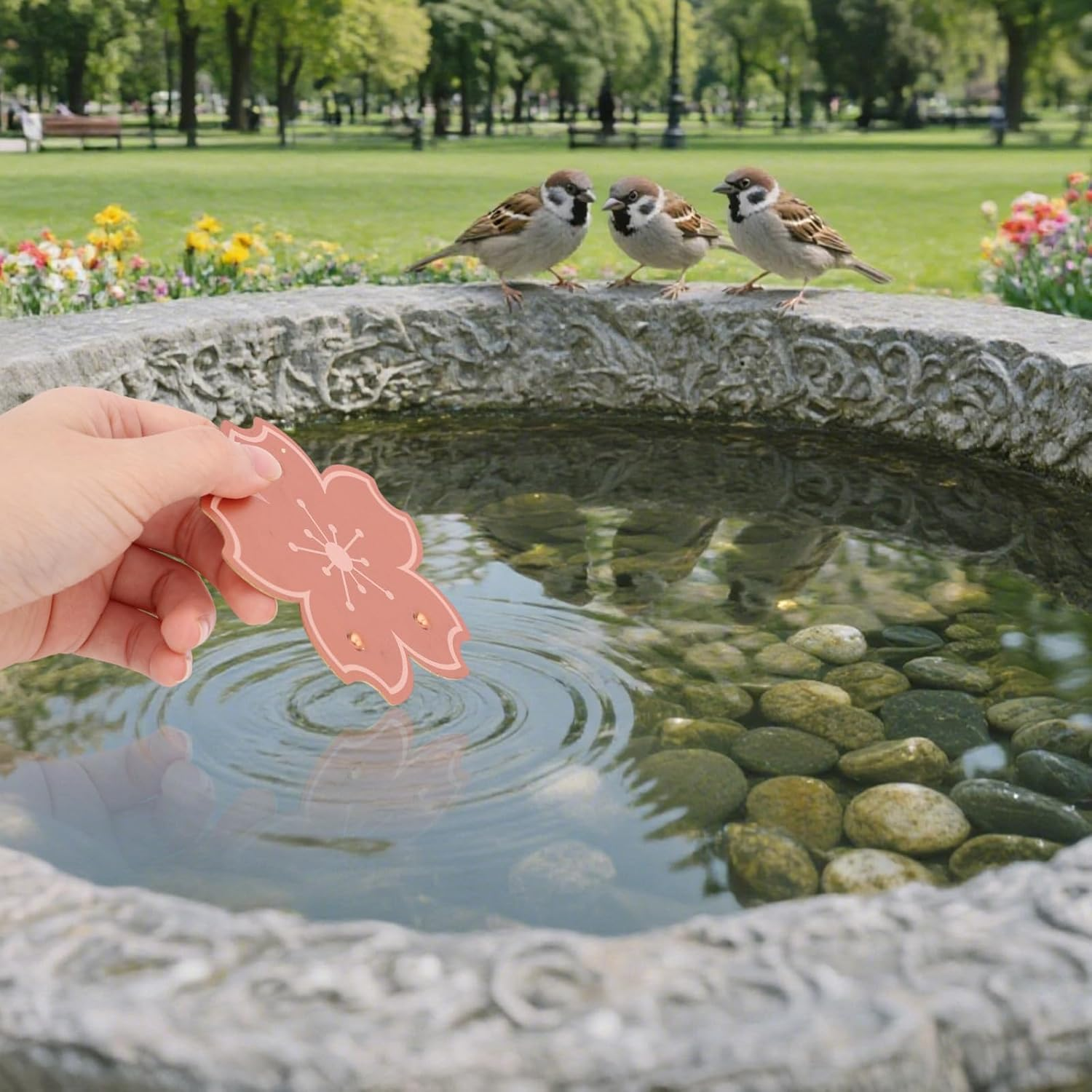 Penitue Copper Bird Bath Disk, 3.94In Flower Shape Triple-Point Support Bird Bath Purification Disc Birdbath Cleaner for All-Season Safe Water Purifier for Outdoor Bowls image number 6