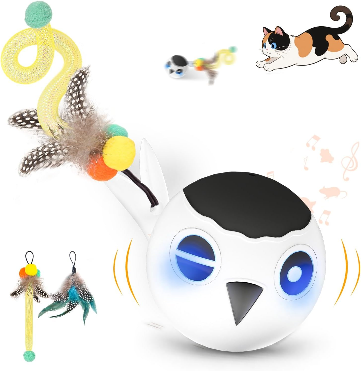 Zeepet Interactive Cat Toy for Adults, House Cats and Kittens, Automatic Moving Bird Ball with 2 Feather Tails, Touch Activation, Multiple Chirping Tones (White) image number 3