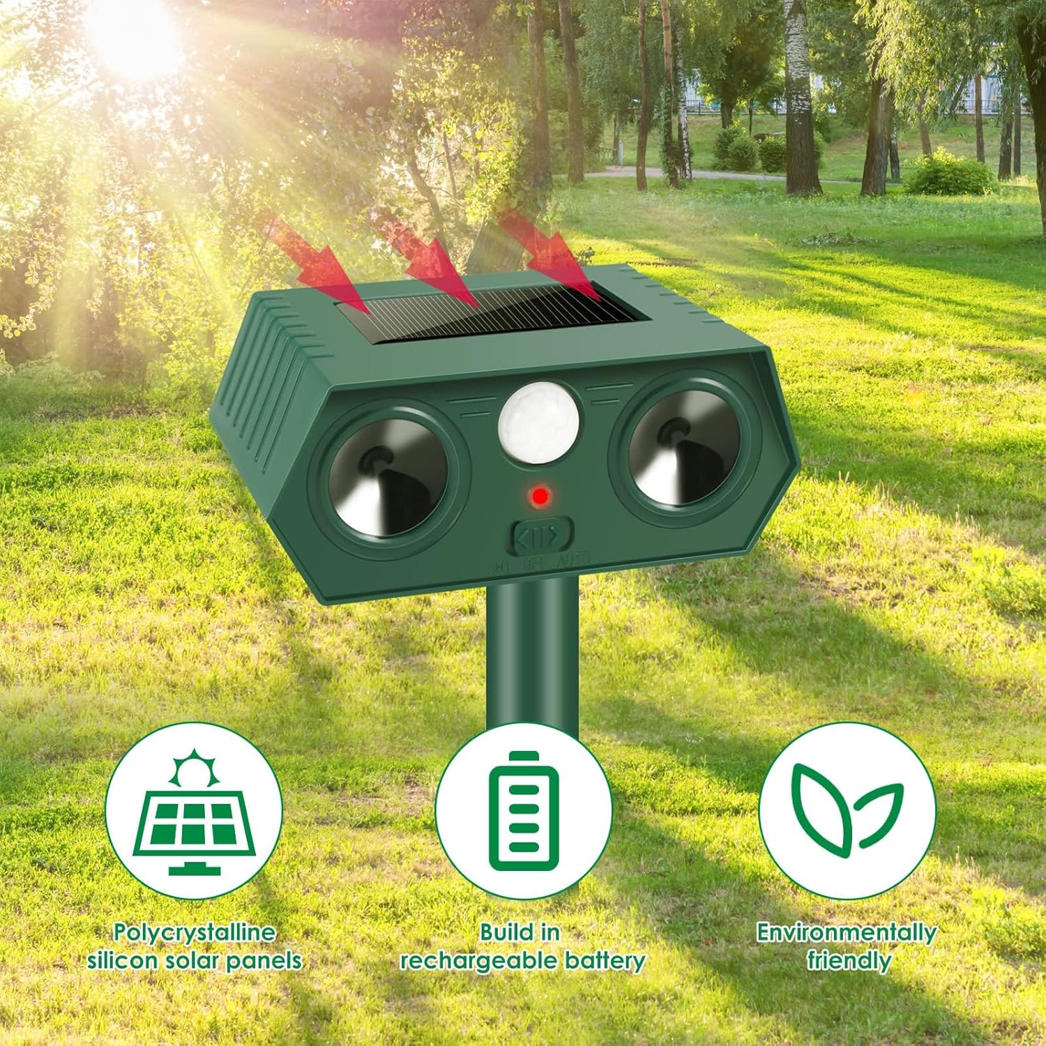 ​Cyperever Solar Powered Ultrasonic Animal Repeller Outdoor, Cat Repellent Possum Deterrent Bird Deterrent Snake Repellent, Motion Sensor & Dual Speakers for Dogs Foxes Rodents​​ 4 Pack image number 4