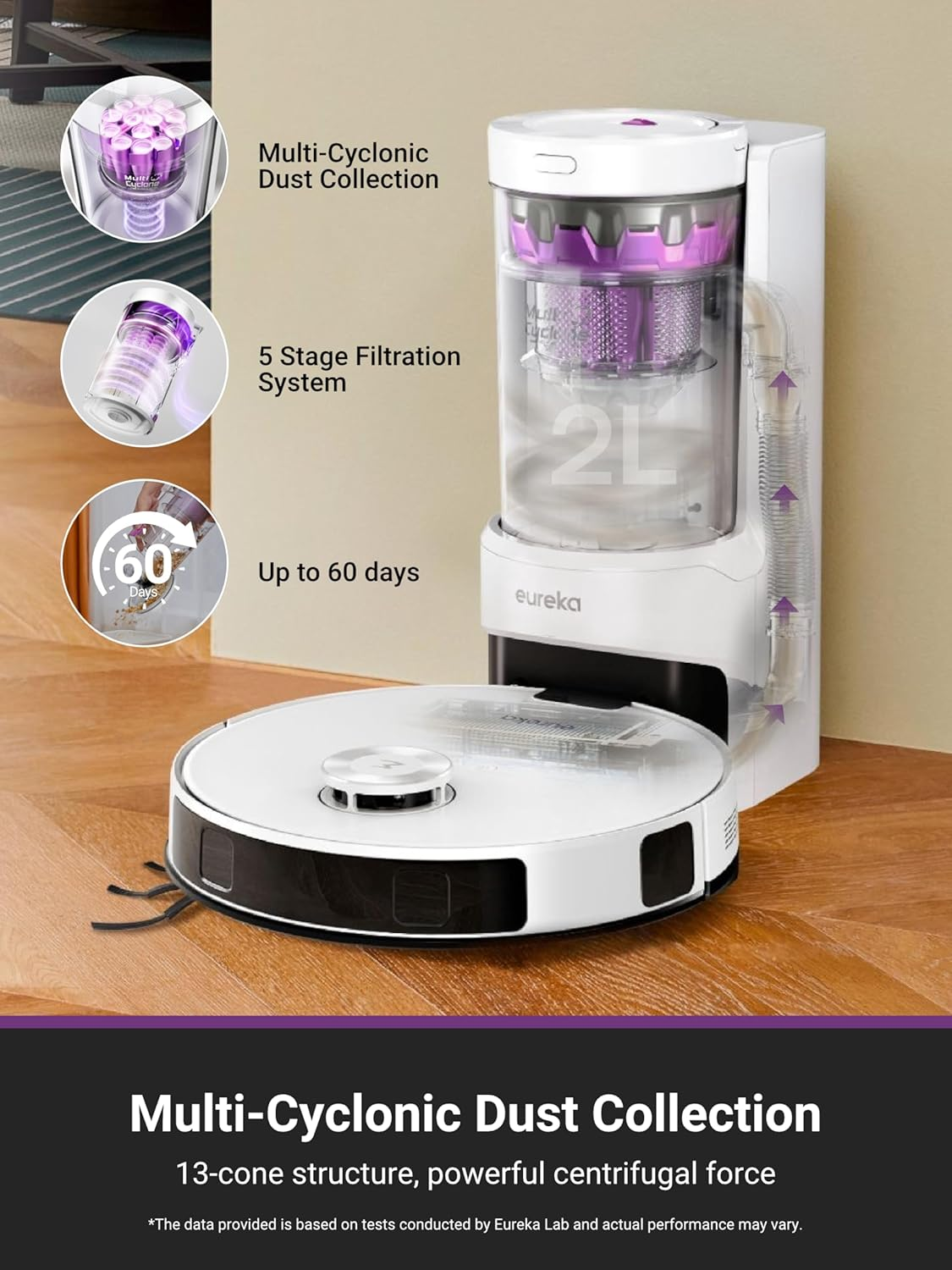 EUREKA E20 Evo plus Robot Vacuum and Mop, Bagless Self-Emptying Station, 10000Pa Suction, anti Hair-Tangling Brush, Lidar Navigation for Carpet&Hard Floors, Auto Lifting Mop, App Control, White image number 2