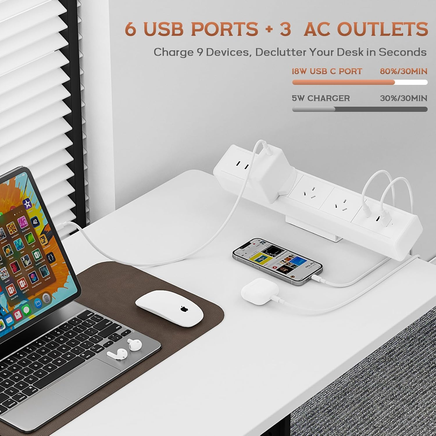 Desk Power Board with USB, Haiaoyyds Aluminium Alloy Clamp Powerboard - 3 Outlets, 6 USB Ports, 1.8M Cable, Desktop Mounted Power Strip for Home, Office, Workspace (White) image number 6