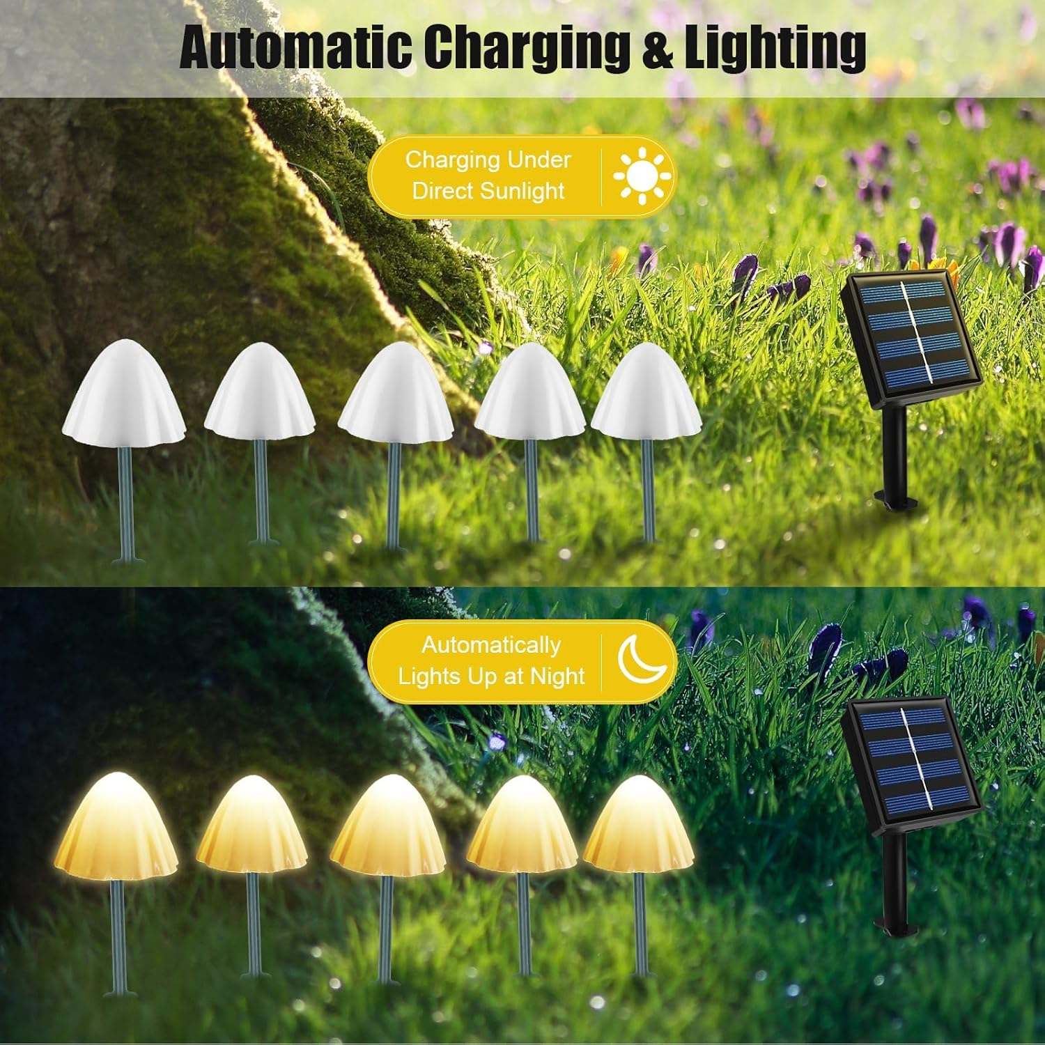 Ninonly Solar Mushroom Lights - 5M 20 LED Garden Lights Outdoor, 8 Modes Waterproof Fairy Ornaments, Pathway Decoration for Path, Lawn, Yard, Landscape Decor image number 5