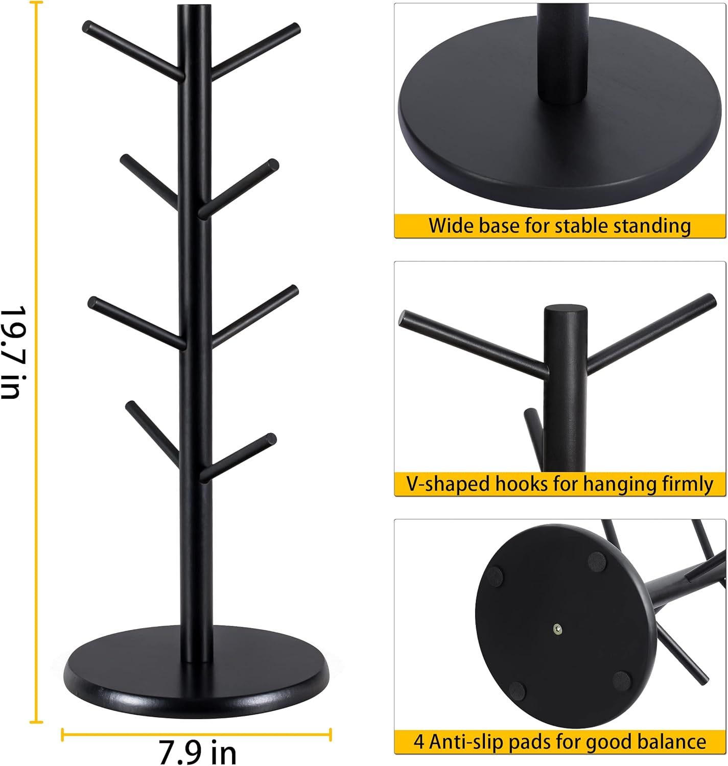 Mylifeunit Mug Holder Tree, Black Coffee Cup Holder with 8 Hooks, Wood Mug Hanger Stand for Counter