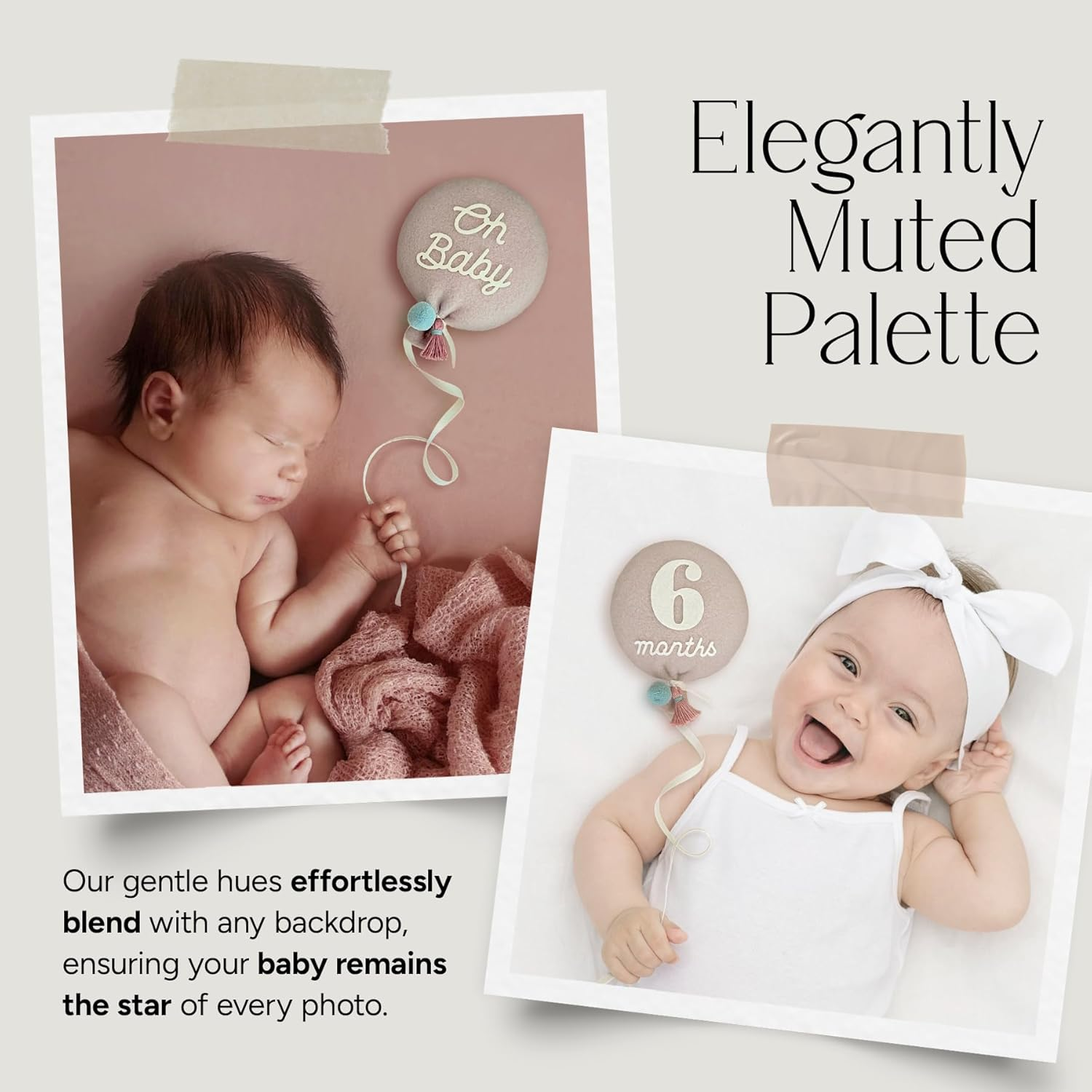 Balloon Baby Monthly Milestone Marker Signs, Photo Prop for Photoshoot | Stuffed Plush Balloon, Tassel, Pompom | Birth Announcement, Gender Neutral Baby Shower, Newborn Gift Set (Dusty Pink) - Dusty Pink image number 4