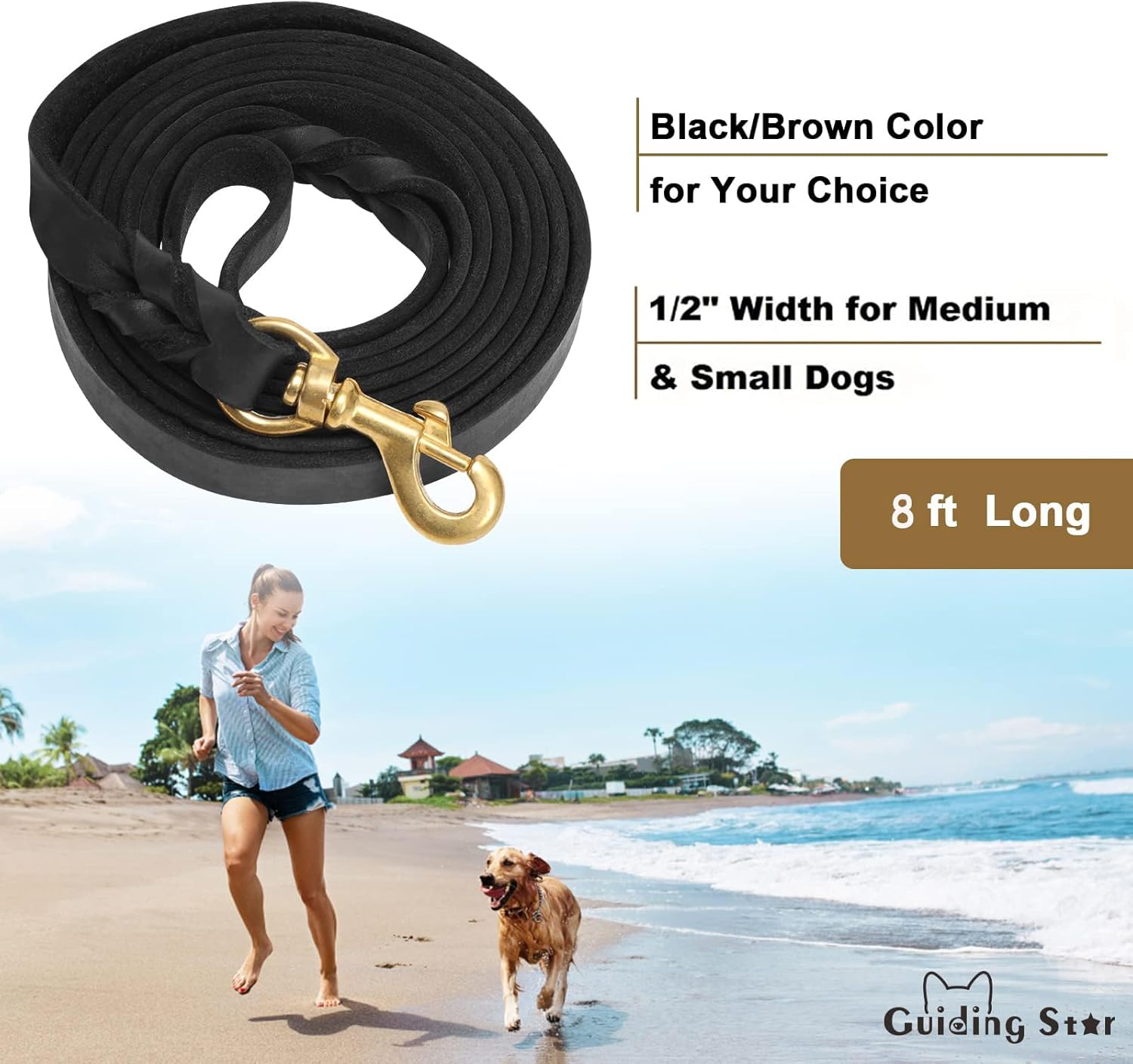 Guiding Star Leather Dog Leash 8Ft, Dog Leashes for Dogs Heavy Duty, Soft Braided Handmade Leather Training Leash for Small & Medium Dogs (8Ftx1/2Inch, Black) image number 7