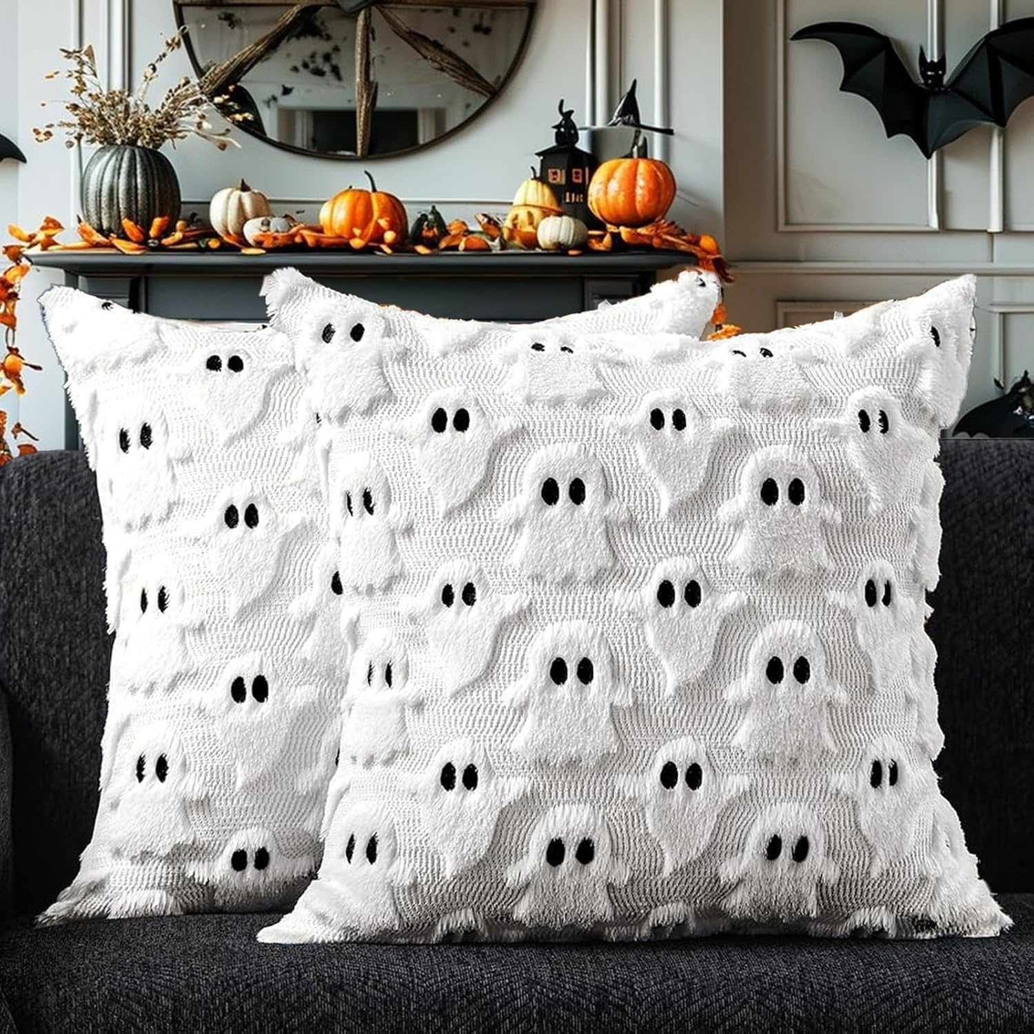 Halloween Ghost Plush Pillow Covers &ndash; 17.7 X 17.7 Inch Set of 2, Fluffy Faux Fur Cushion Covers for Sofa & Home Decor Farmhouse-Style Decorative Throw Pillow Cases (White)