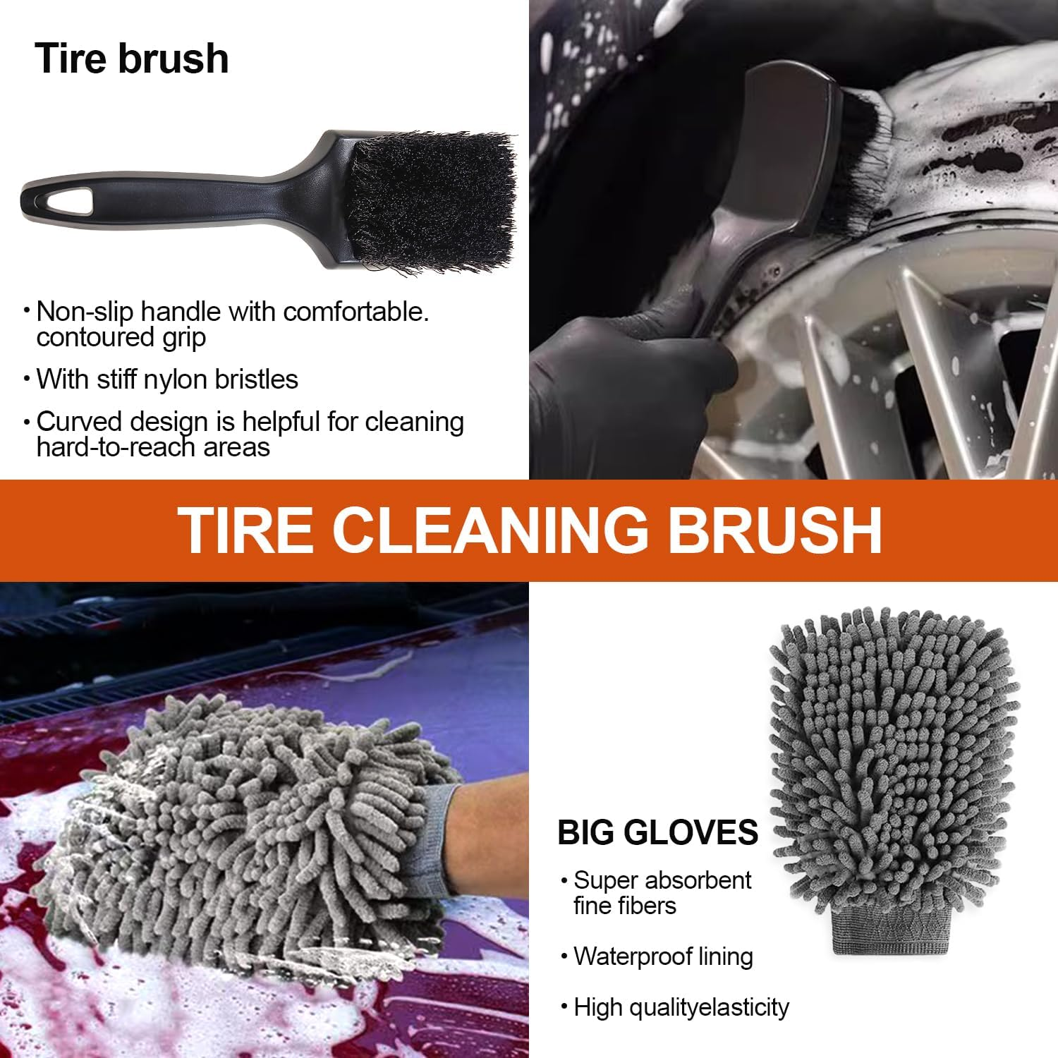 13 PCS Car Wash Tool Cleaning Kit with Storage Bag - Microfiber Mitts, Drying Towel, Waffle Cloths, Alloy Wheel Brush, Valeting Essentials, Set image number 3