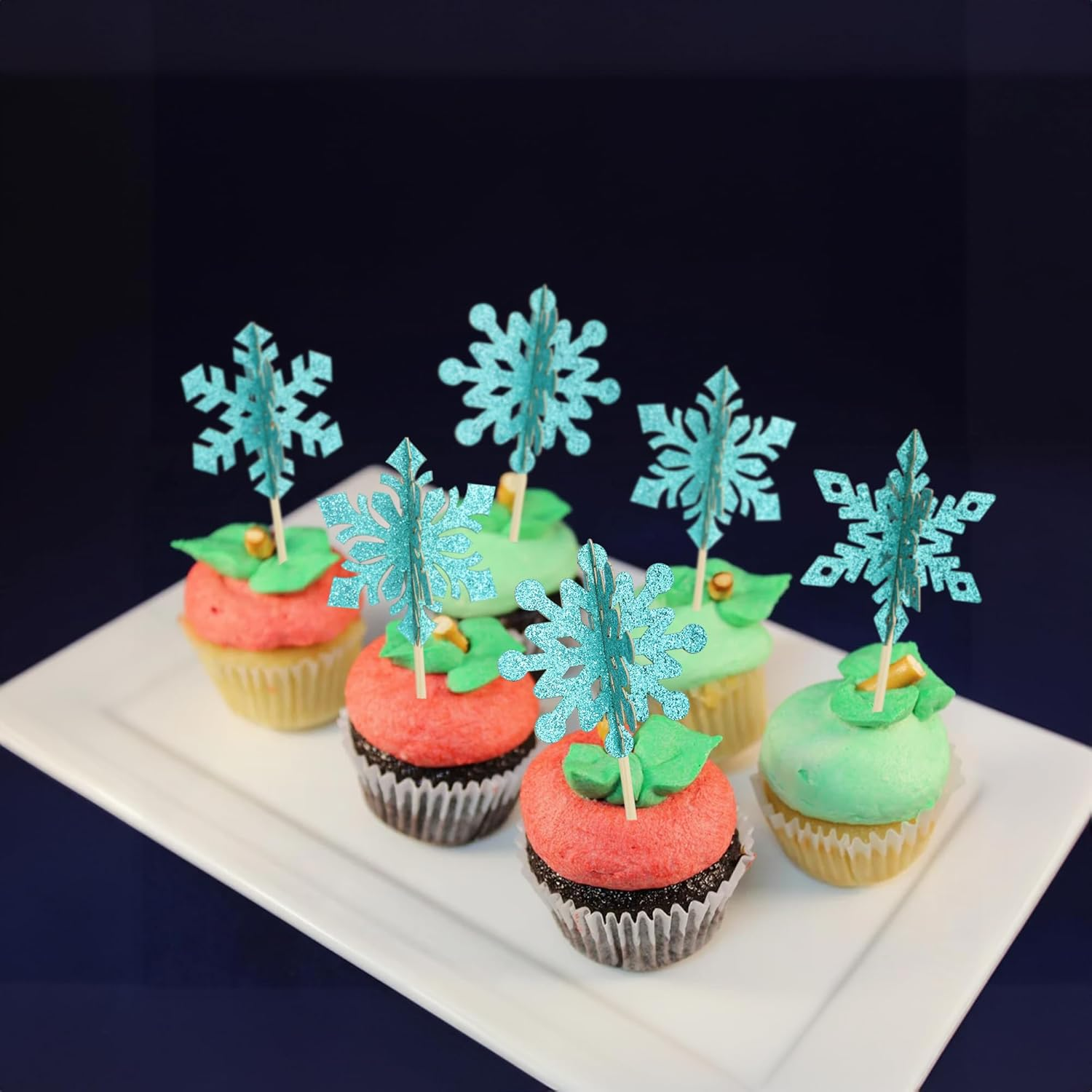 Gyufise 24Pcs 3D Snowflake Cupcake Toppers Double Side Glitter Winter Frozen Cupcake Pick Decorations Winter Theme Party Christmas Baby Shower Birthday Decoration Supplies Blue image number 5