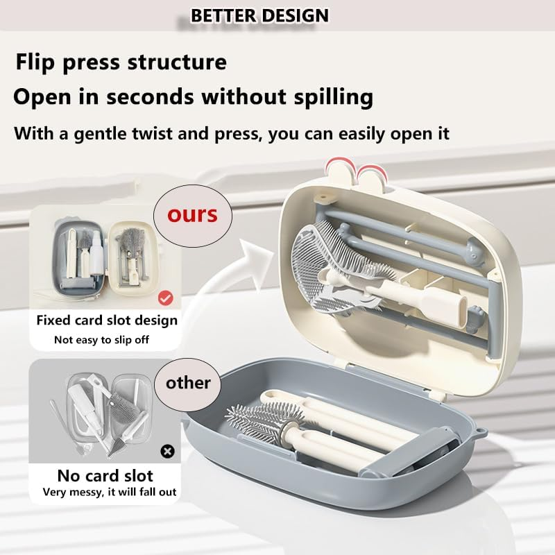 Travel Baby Bottle Brush Set with Portable Silicone Bottle Brush Nipple Cleaner Brush Straw Brush Soap Dispenser and Bottle Drying Rack image number 6