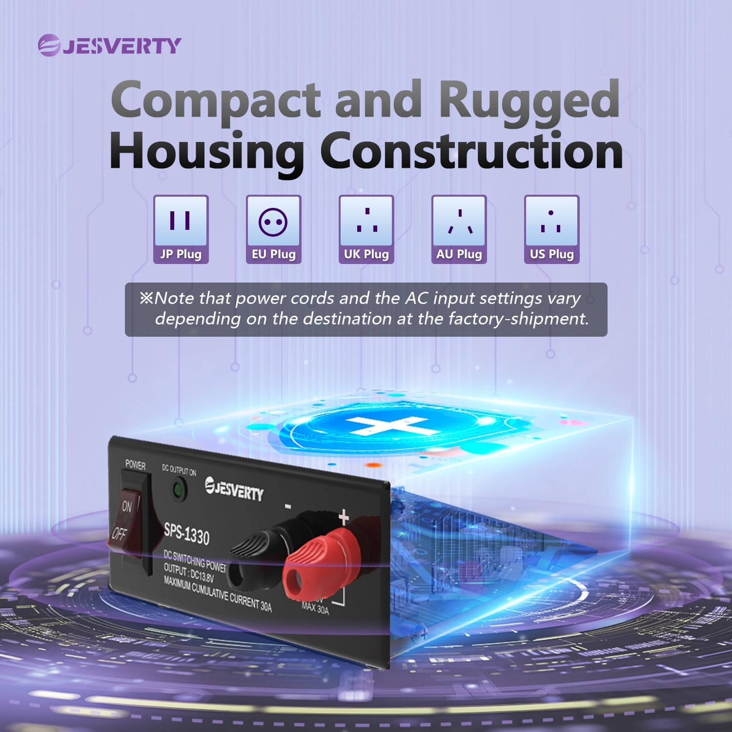 Universal Compact Bench Power Supply- 30 Amp Regulated Home Lab Benchtop Ac-To-Dc Converter 13.8 Volt, Cooling Fan, Screw Type Terminals - Jesverty SPS-1330 image number 2