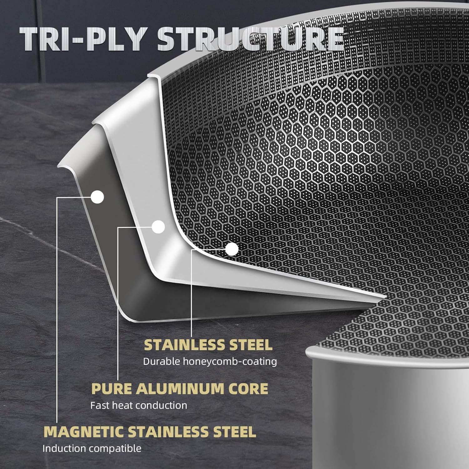 Stainless Steel Saute Pan, Cookware with Lid, 30CM Deep Frying Pan, Nonstick Cooking Pot with Handles, Large Skillet, Wok Pan Compatible with All Cooktops, Dishwasher Safe image number 4