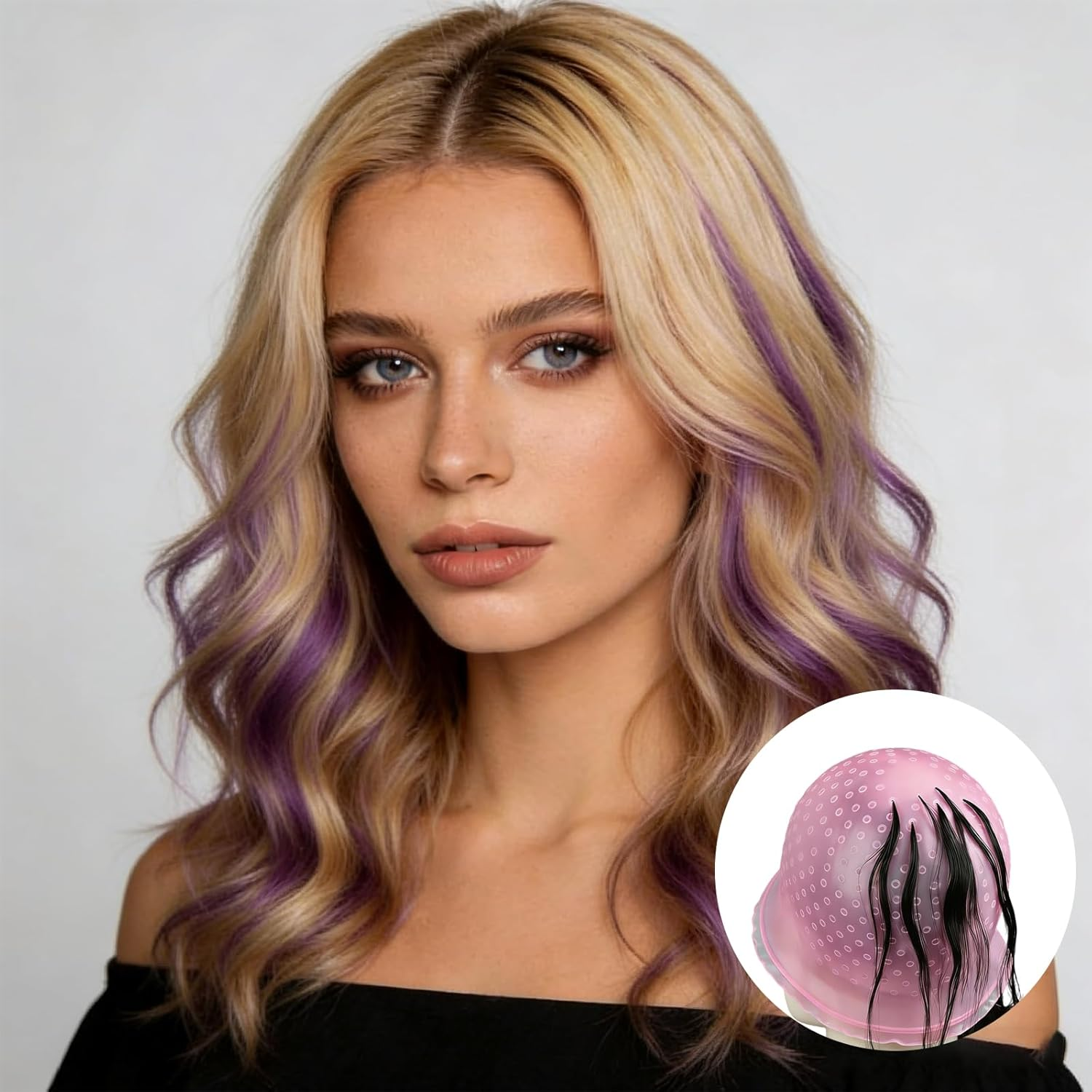 1Pcs Pink Silicone Highlight Cap​ with Steel Hook, Reusable Hair Dye Cap,​ Pre-Punched Holes, Boxed Highlights Cap​ for Salon Home Hair Coloring image number 2