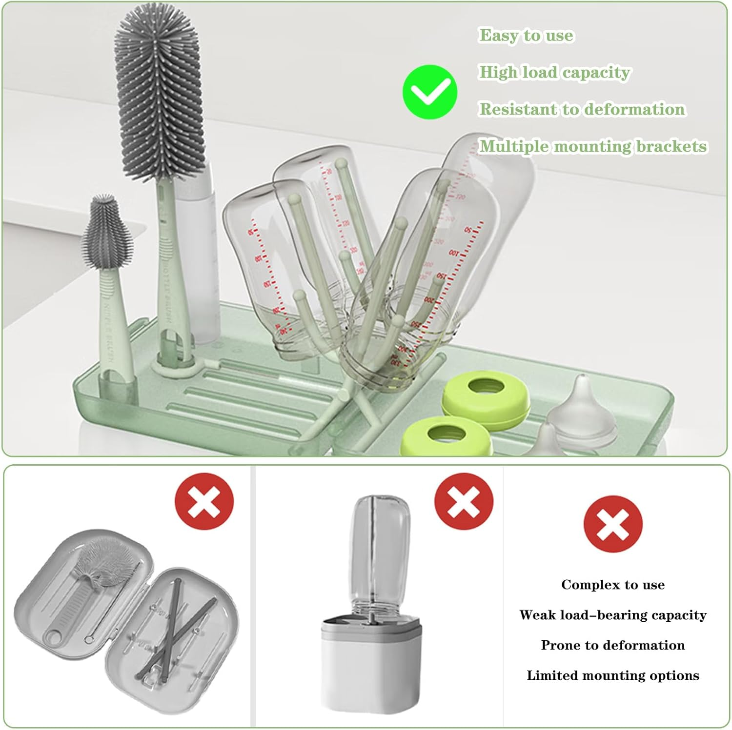 Bottle Brush Set -Baby Travel Essential-6 in 1 Bottle Cleaner Kit with Silicone Bottle Brush,Nipple Cleaner Brush,Straw Brush,Soap Dispenser,Storage Box,Bottle Drying Rack for Home and Travel(Green) image number 1