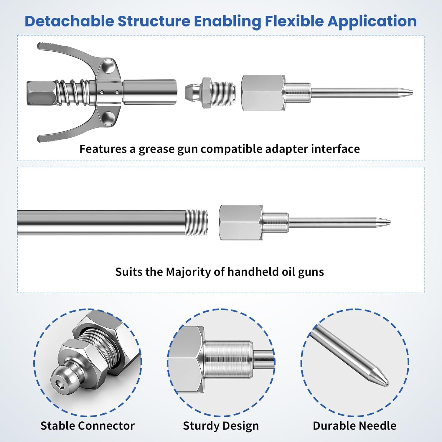 5PCS Grease Gun Needle Tip Accessory Kit - Includes Grease Needle Dispenser, Rubber Coupler Adapter Grease Injector, Detachable Nozzle Tips, 2 Grease Needle Nozzle Tools for Narrow Tight Spaces image number 4