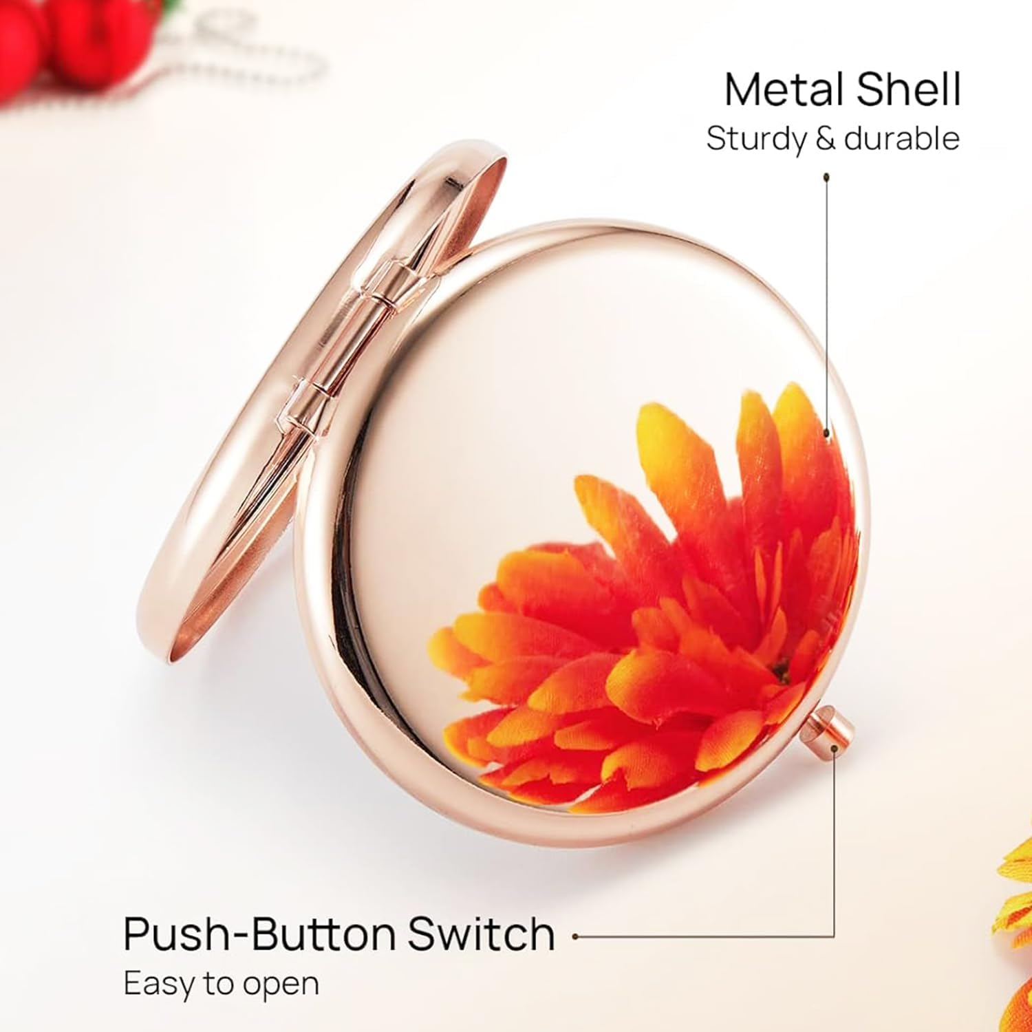 Mirror for Purse,Double-Sided 1X/2X Magnifying Metal Pocket Makeup Mirrors(Round) (Rose Gold) image number 3