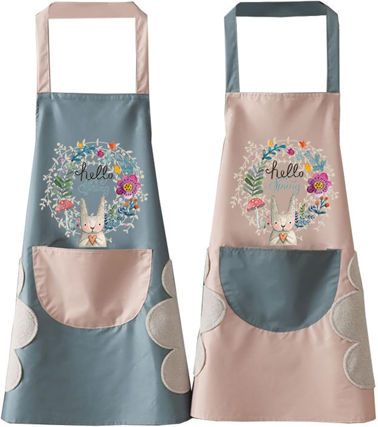 2Pcs Waterproof and Oil-Proof Aprons for Kitchen, Cooking Aprons with Pockets, Adjustable Kitchen Bib Aprons for Women Men Chef, Can Wipe Hands, Blue/Pink. image number 3