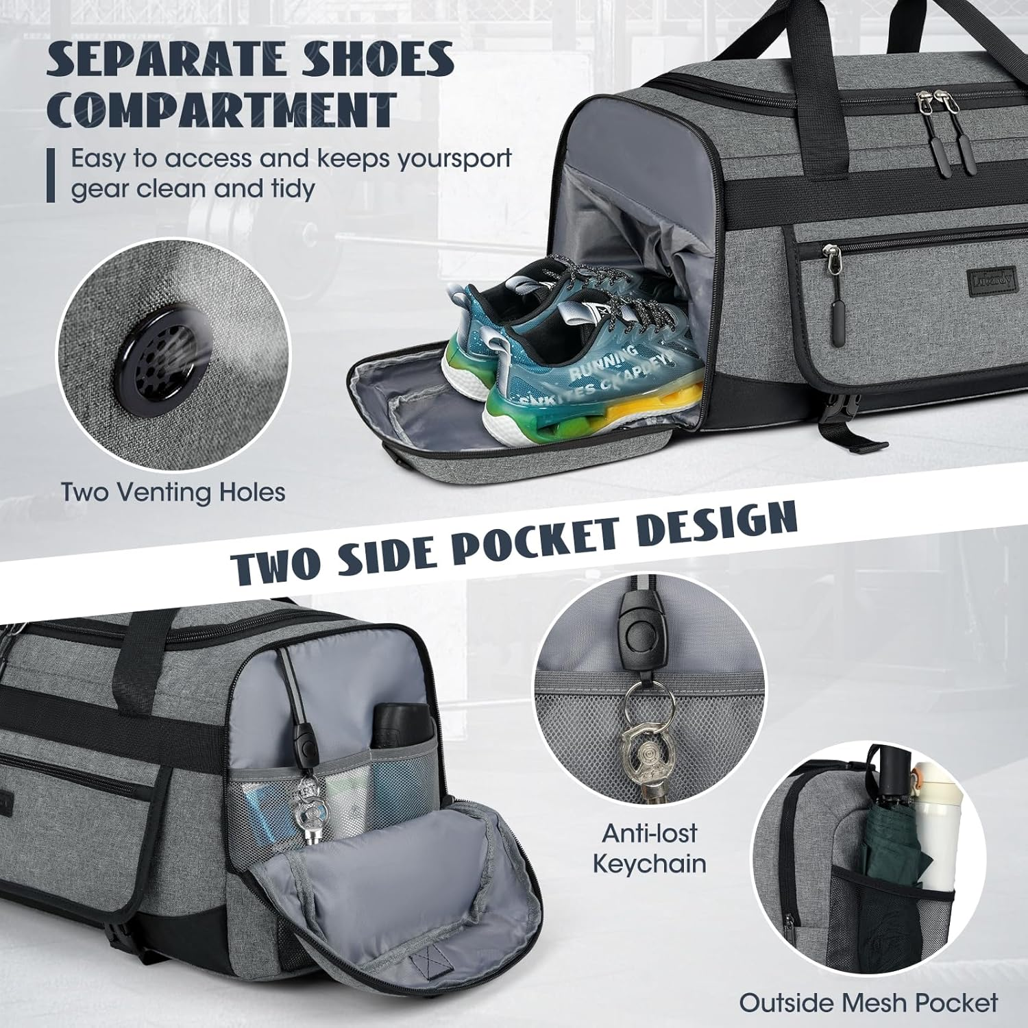 Gym Bag for Men 40L Sports Duffel Bags Gym Duffle Bag Women with Shoe Compartment & Wet Pocket Water Resistant Travel Duffel Bag Lightweight Weekender Overnight Bag Black, Grey, 40L, Duffle Bag Women