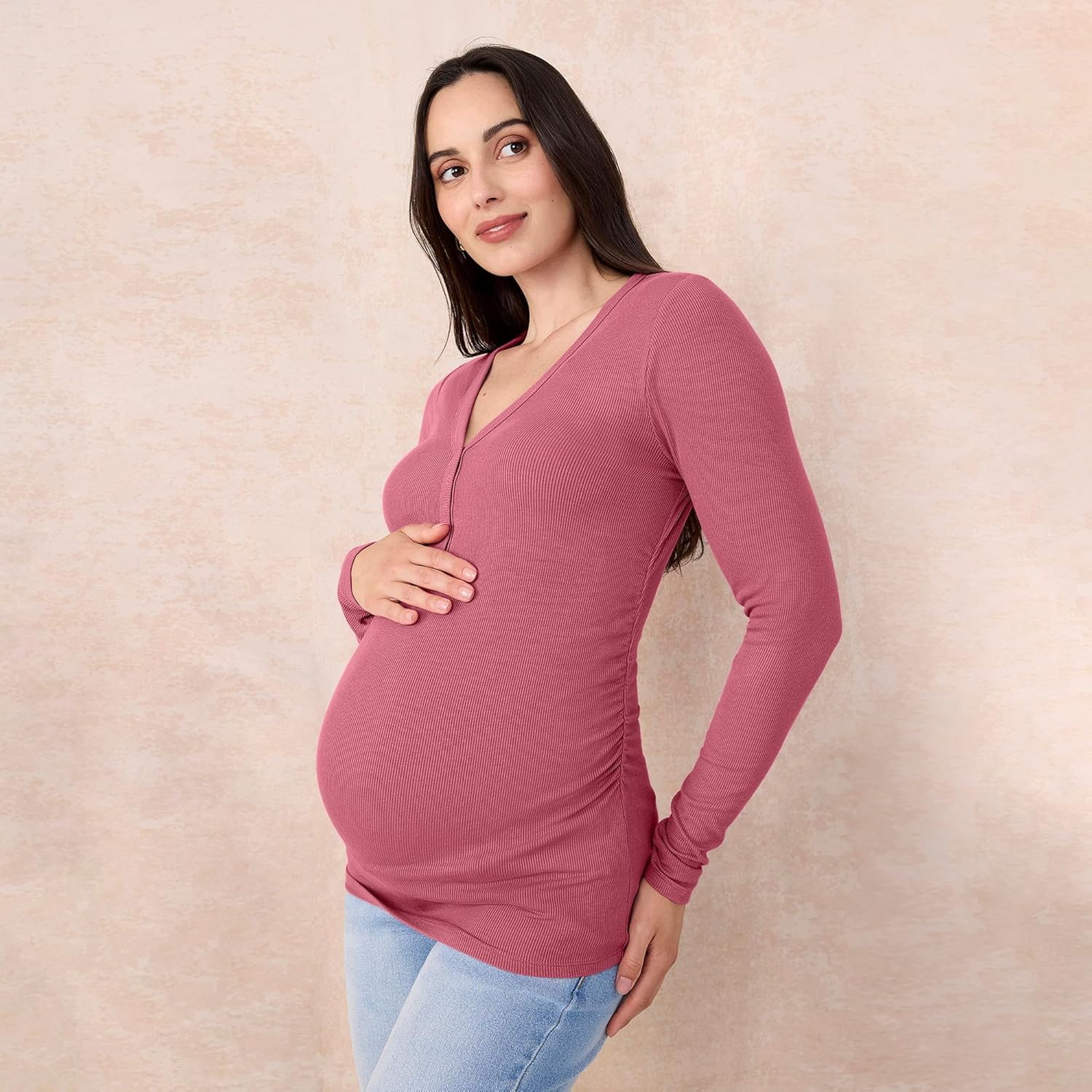 Motherhood Maternity Women'S Long Sleeve V-Neck Side Ruched Henley Pregnancy Tee Shirt image number 2