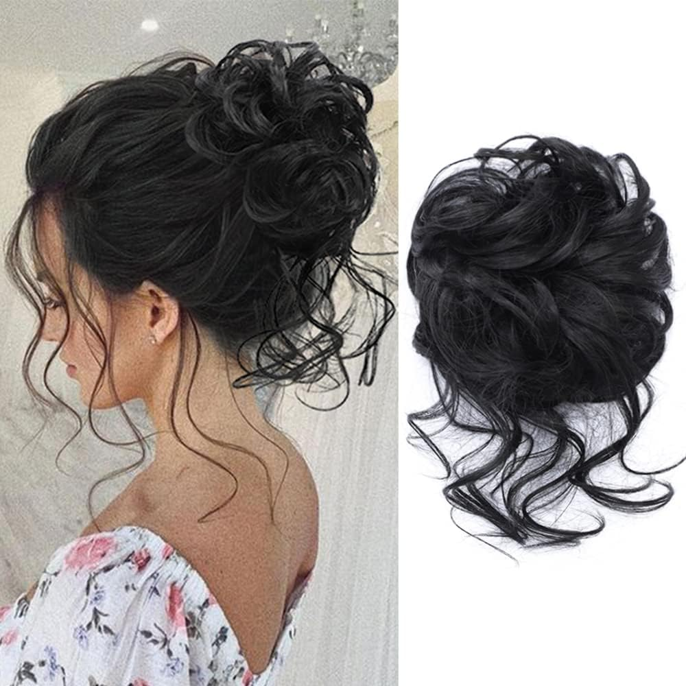 Messy Bun Hair Piece Tousled Updo Hair Buns Extension Elastic Hair Band Hair Pieces Curly Hair Bun Scrunchie for Women (Black) image number 2
