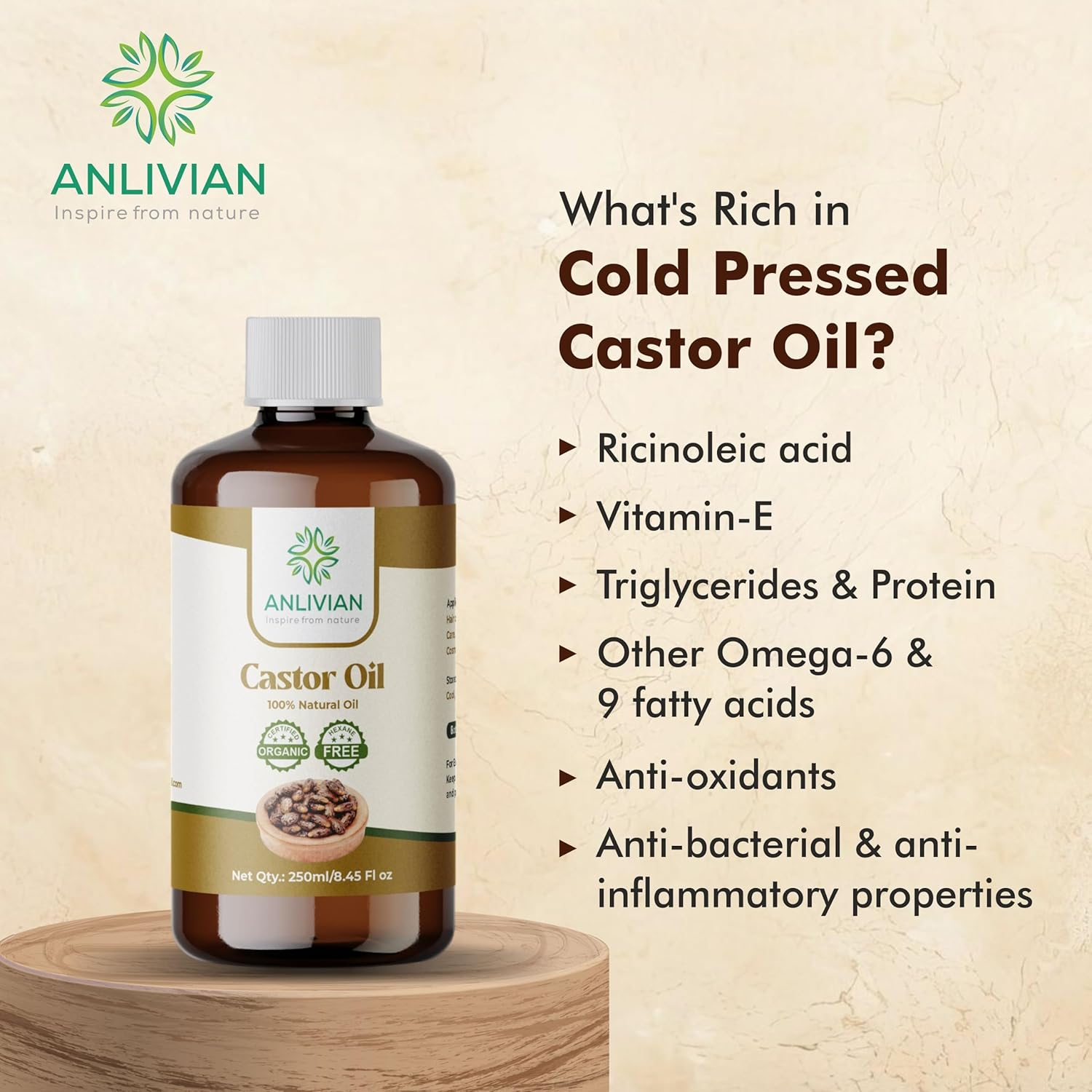 Anlivian Castor Oil 100% Pure | Organic Hexane-Free | 250Ml Glass Bottle | Hair Growth, Eyebrows, Eyelashes & Skin Care | Moisturizer for Dry Skin | Natural & Cold-Pressed image number 3
