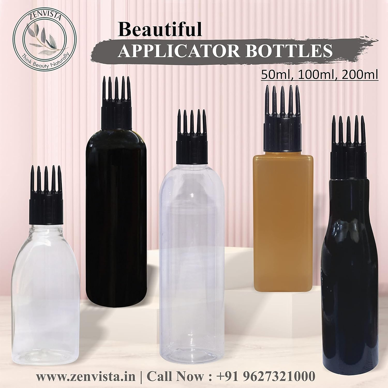 Zenvista Meditech 100Ml Transparent Bottle with Applicator & round Black Color Cap, Very Useful, for Hair Oil, Shampoo, Medicines (Pack of 5)