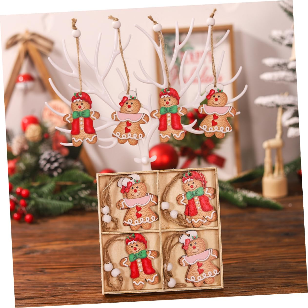 2 Boxes Gingerbread Man Wooden Hanging Ornament Xmas Tree Decor Cartoon Couple Doll Pendant for Window Party Decoration Lightweight image number 4