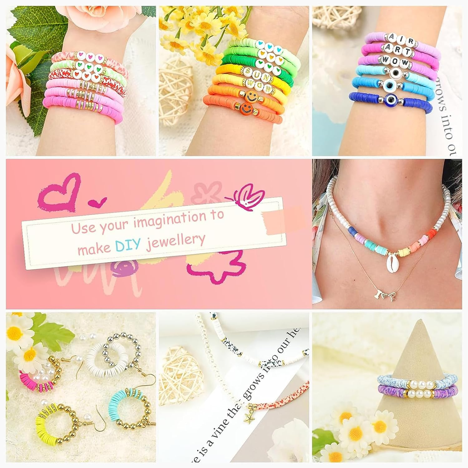 UKKQES 6000 Pcs Bracelet Making Kit，24 Colors Flat round Polymer Clay Beads 6Mm Spacer ，Heishi Beads with Charms and Elastic Strings Letter Beads for Jewelry Making Kit & Craft Supplies image number 1