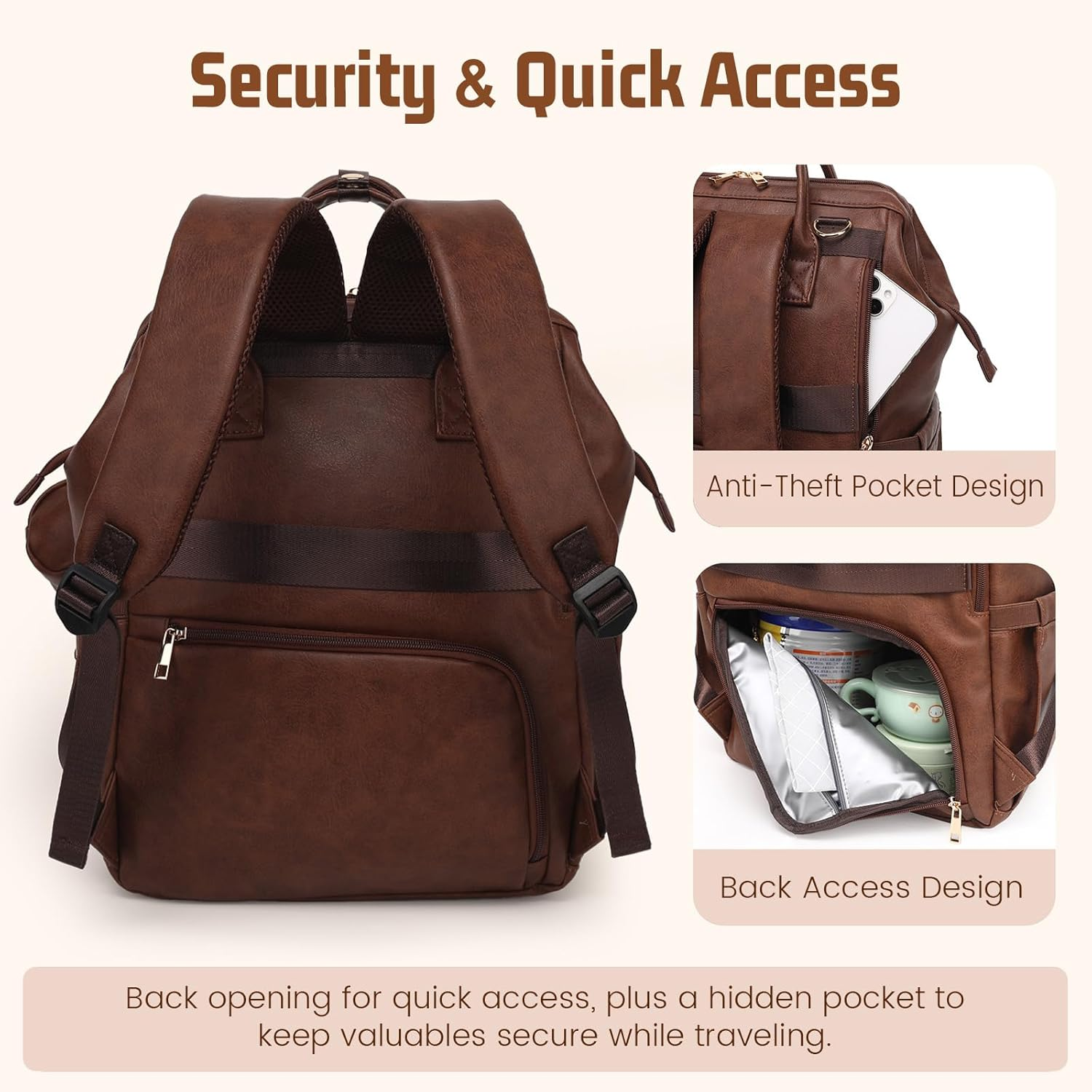 Vegan Leather Diaper Bag Backpack for Boy Girl with Changing Pad and Pacifier Case - Brown image number 7