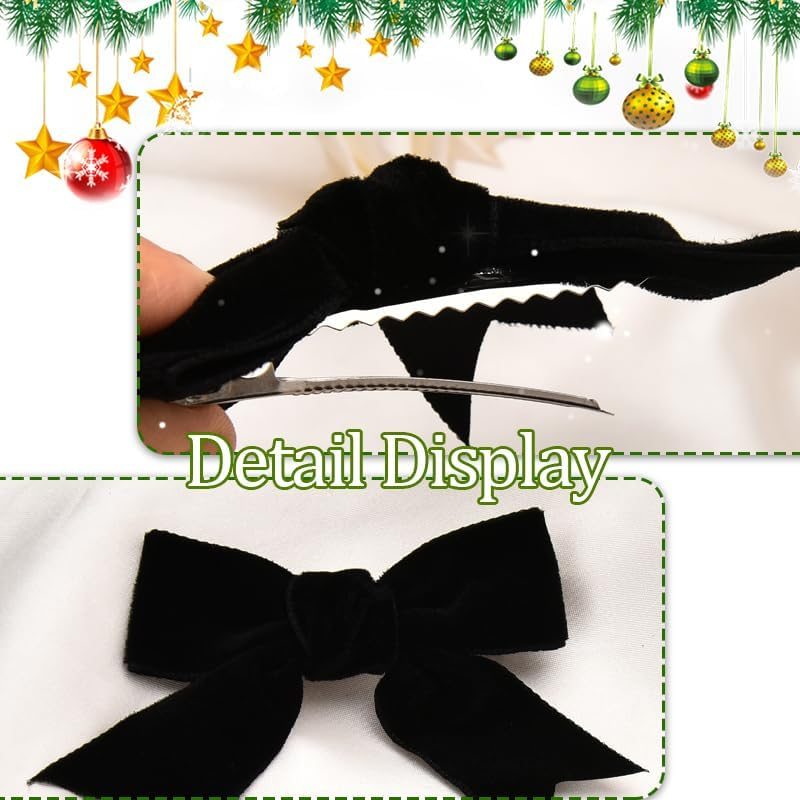 Black Bows for Hair Velvet Bow Hair Clips for Teen Girls Ribbon Hair Bow Barrettes Black Velvet Bowknot Hair Accessories for Toddlers Hairpins Handmade Alligator Clip Christmas Xmas Gifts - Green image number 3