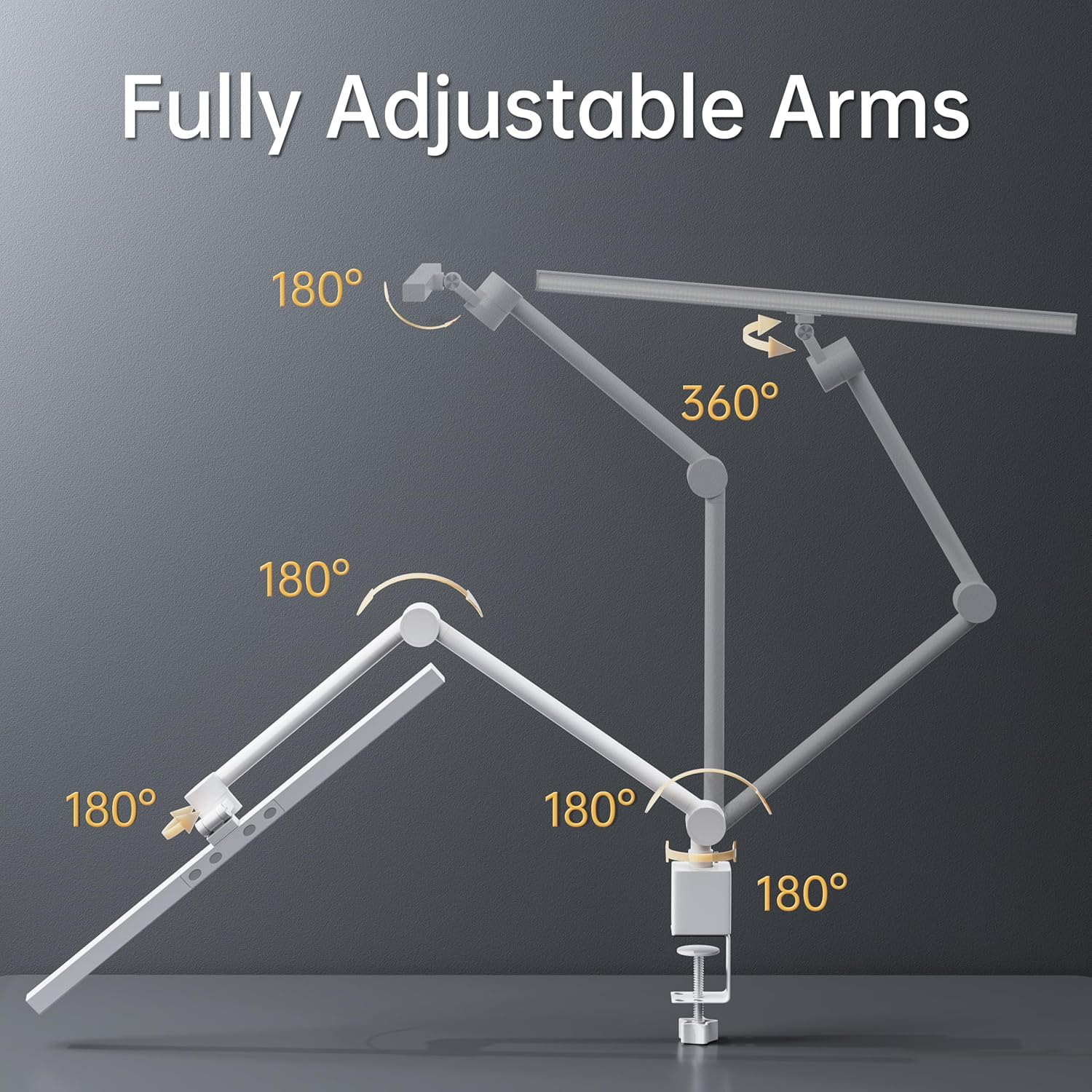 Deeloop 2-Arms Swing Long LED Desk Lamp with Clamp, CRI 95+ Eye-Caring Light, USB Charging Output, 2-Hour Timer, Dimmable Desk Light with Memory, Architect Desk Lamps for Home Office Reading &Monitor