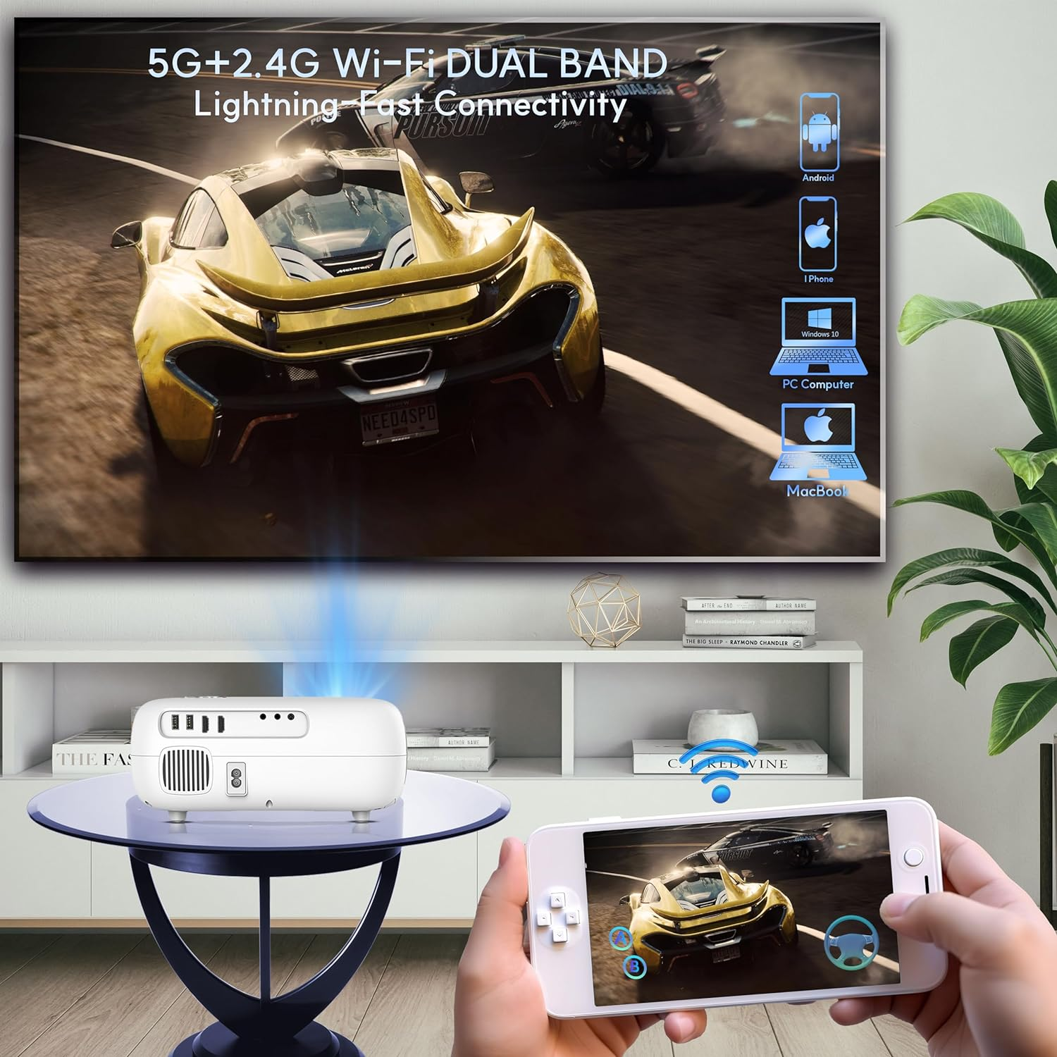 Projector Auto Focus, Auto Keystone Portable Native 1080P Full HD, 16000 Lumens,10W Hi-Fi Speakers, 300 Inch Display, 5G/2.4G Wi-Fi, 5.2 Bluetooth, Home Theater & Gaming, White image number 3