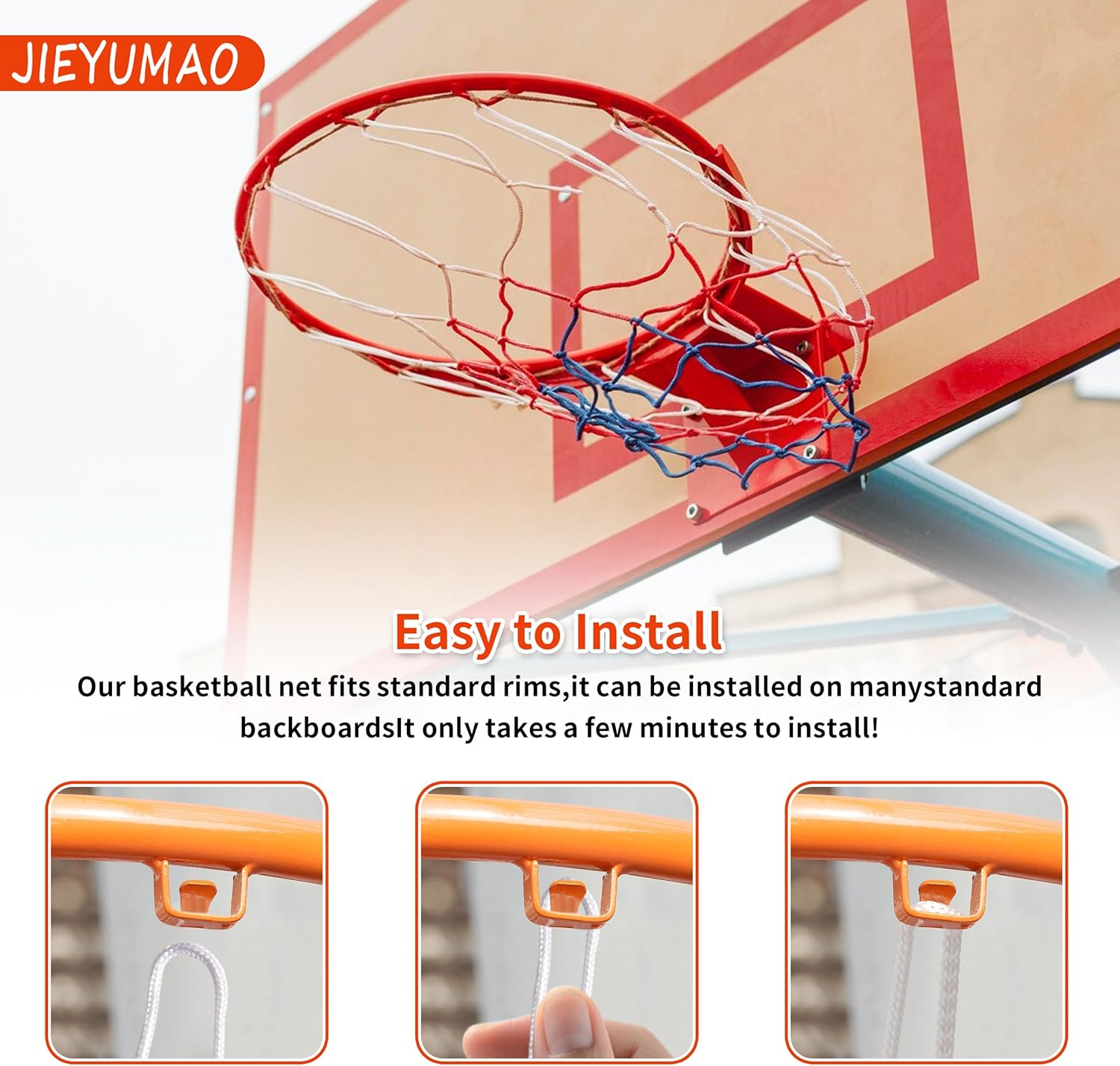 JIEYUMAO 4Pcs Basketball Nets, 2 Colors Heavy Duty Basketball Net Replacement, Red White Blue Nylon Basketball Nets Basketball Hoop Net Outdoor Basketball Net for Home School Park Gym image number 6