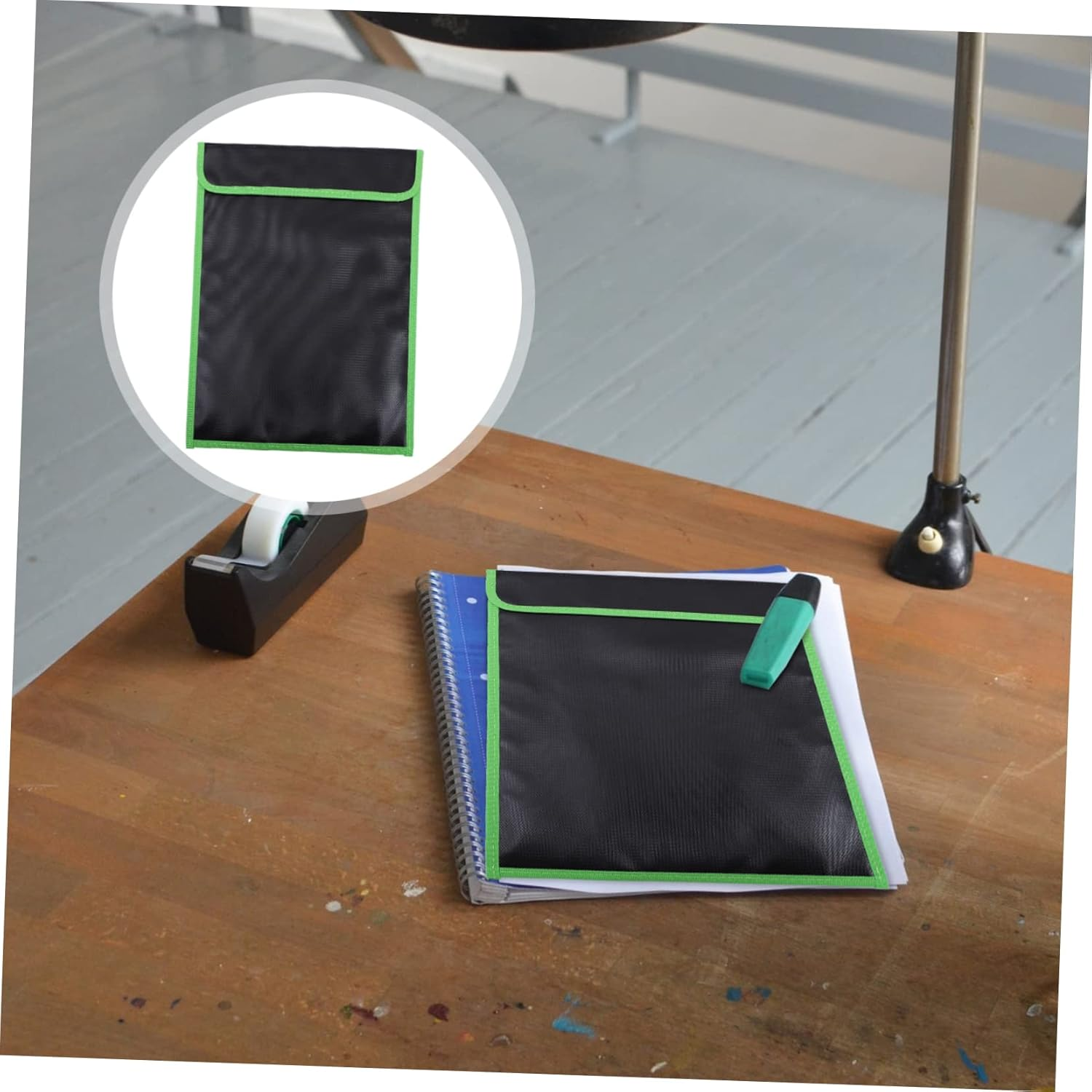 Jojofuny Fireproof File Bag 37.5X28.5Cm Waterproof Document Holder Portable Fireproof File Pouch Black Green Trim Suitable for Document Storage