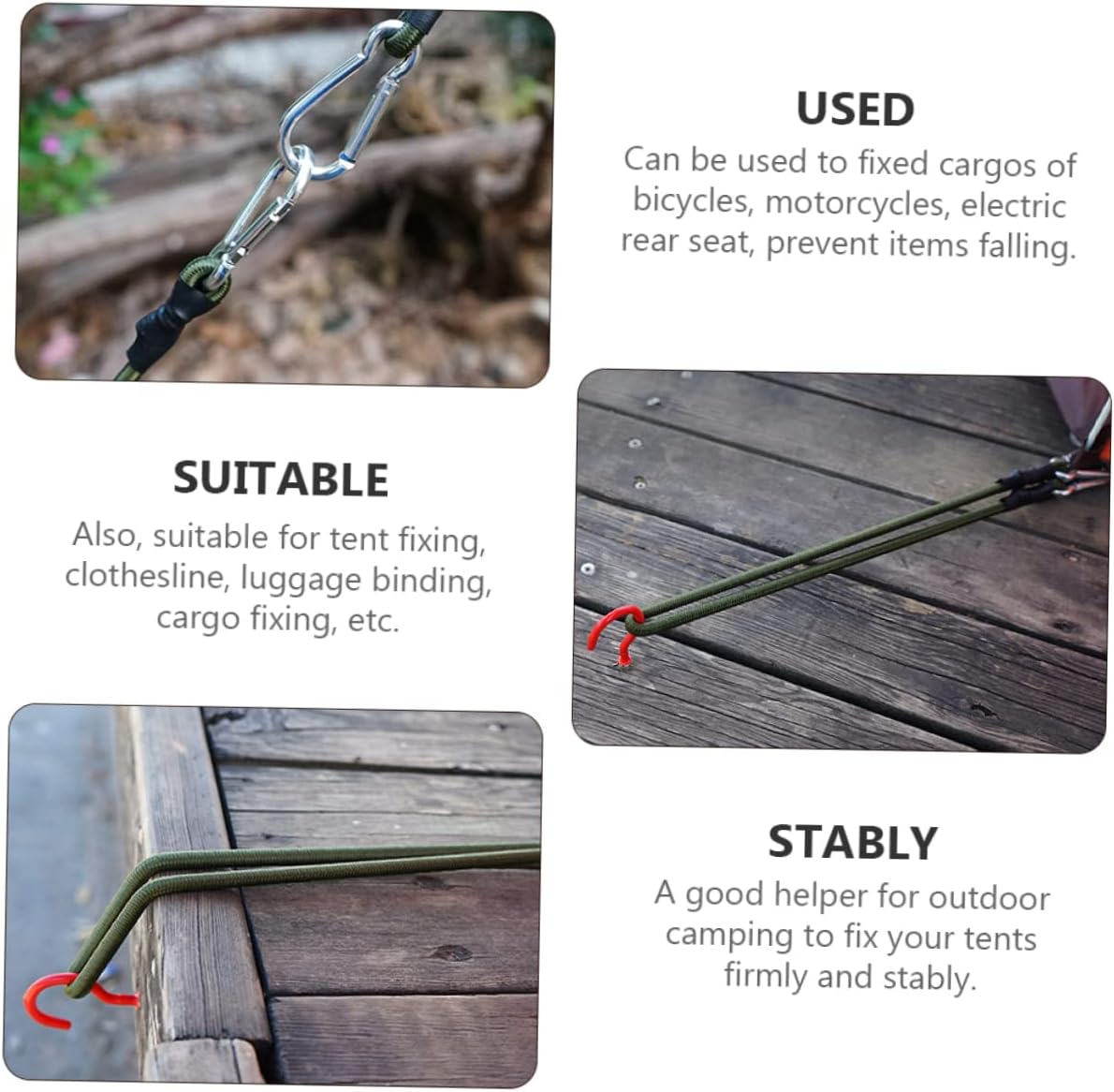 BELLIFFY 4Pcs 8Mm Elastic Bungee Cords with Mountaineering Hooks, Outdoor Tent Fixing Belts, Multi-Functional Luggage Straps for Camping and Travel image number 1