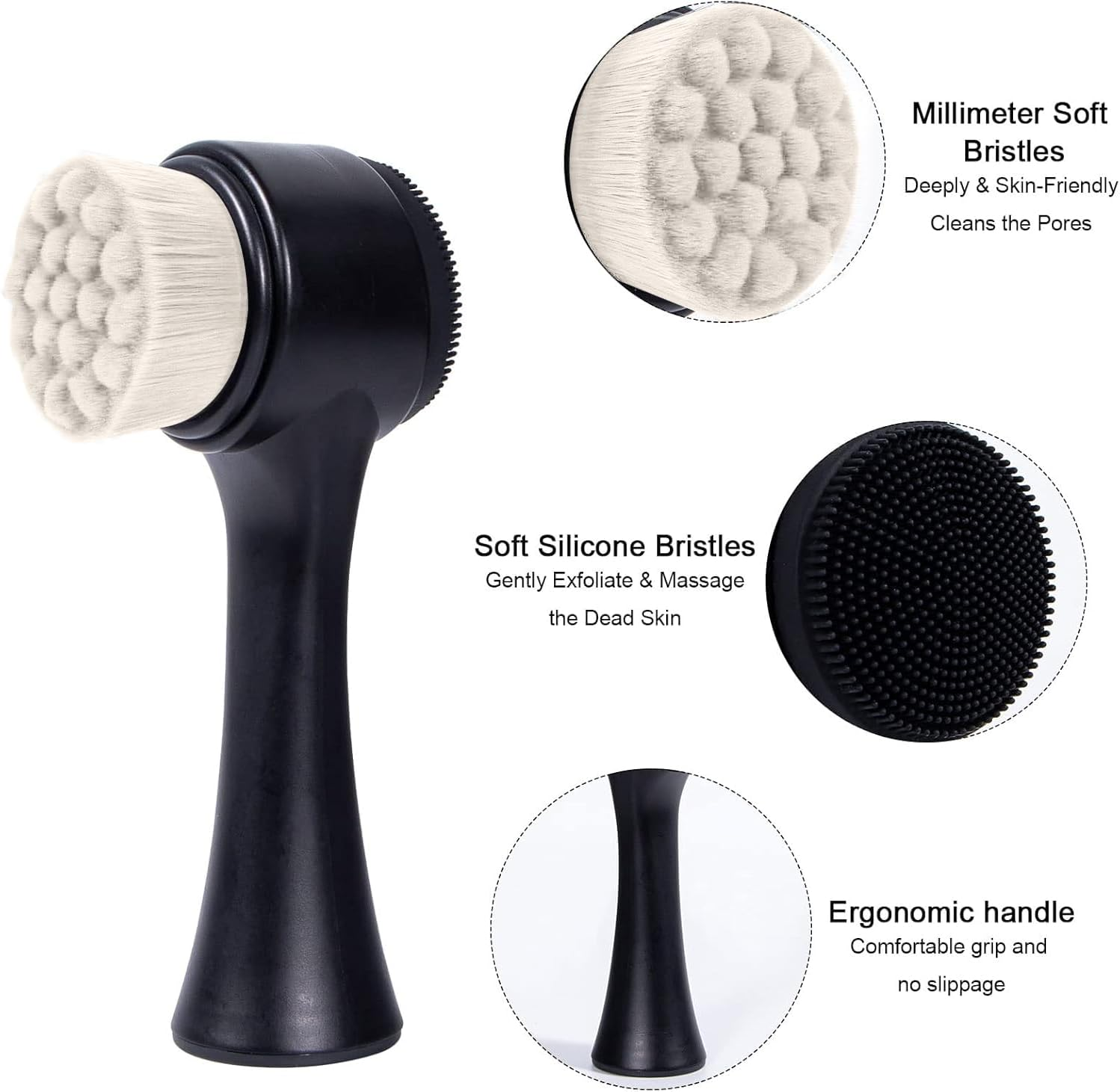 Facial Cleansing Brush 2 in 1, Face Exfoliating Pore Deep Cleansing Brush, Ultra Fine Soft Bristle Dual Face Wash Brush, Silicone Face Scrubber for Skincare (Black, One Size) image number 5