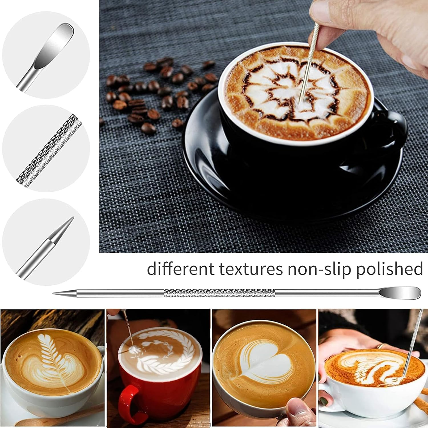 Milk Frothing Pitcher,20Oz/600Ml Milk Frother Cup Set,Stainless Steel Espresso Milk Steaming Pitcher,Stainless Steel Powder Shaker with Lid,16Pieces Coffee Decorating Stencils,Decorating Art Pen image number 2