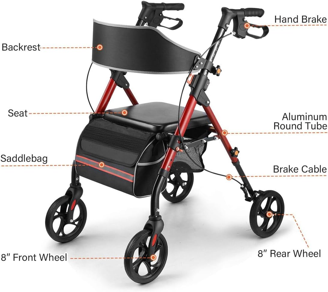 GENKI Aluminum Rollator Walker with Seat 4 Wheel Seniors Elderly Lightweight Walking Mobility Trolley Folding Wheelchair Rolling Frame Storage