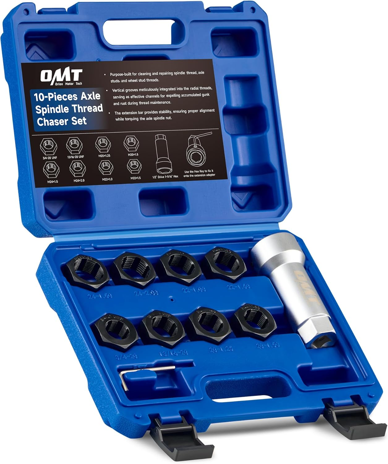 Orion Motor Tech 10Pc Axle Spindle Threading Set, Axle Thread Repair Kit with 8 Dies 1-1/16" Extension Bar, Axle Nut Rethreader with M20 M22 M24 & 13/16" 3/4" UNEF Nuts, Rethreading Tool Kit with Case image number 6