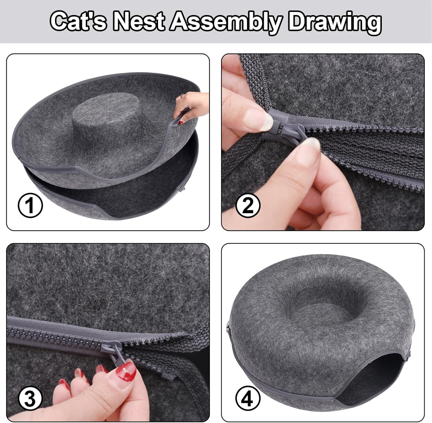 Cat Tunnel Bed Felt Pet Puppy Nest Cave House round Donut Interactive Play Tunnel 60X60X28Cm, Scratch Resistant Felt Pet Cave, Detachable round Donut Design - Dark Gray image number 6