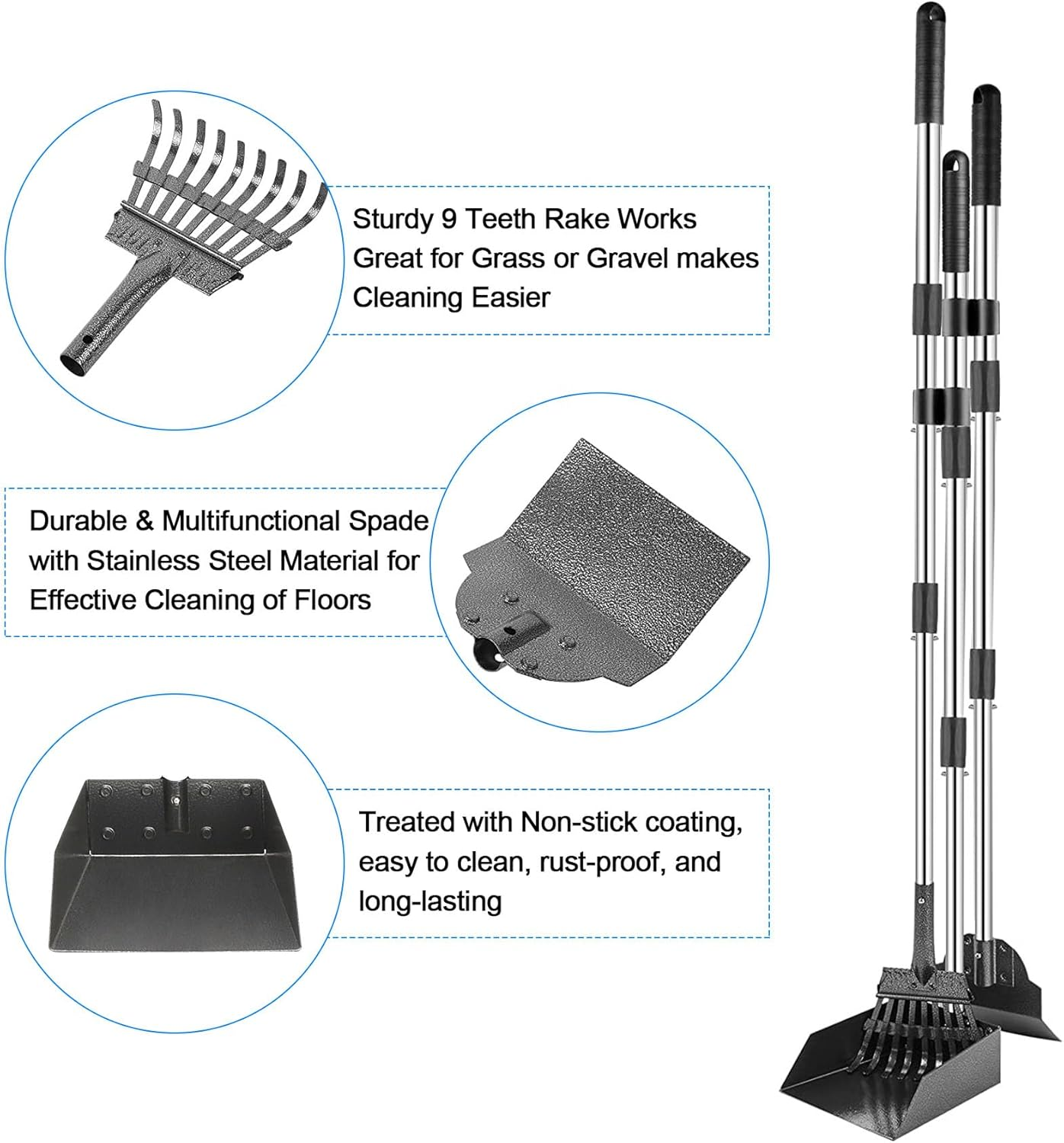 Kakeyrun 3-In-1 Dog Pooper Scooper Set, Tray Rake, and Spade 3 Pack Poop Scoop Adjustable Long Handle Metal with Tray for Pet Waste Removal, No Bending Clean up for Small Medium Dogs (Black) image number 6