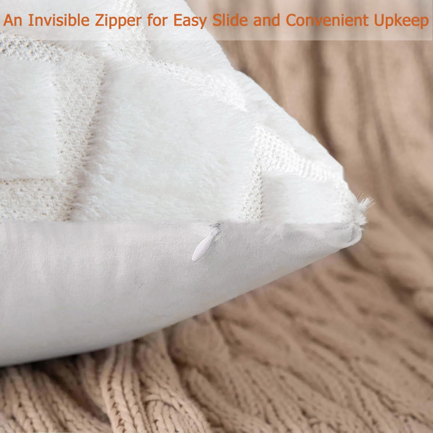 2Pcs Soft Faux Fur Throw Pillow Covers 18X18 - Plush Short Wool Velvet Decorative Pillow Covers - Couch Sofa Pillow Covers for Living Room - with 3D Plaid Pattern (White) - Grey image number 7