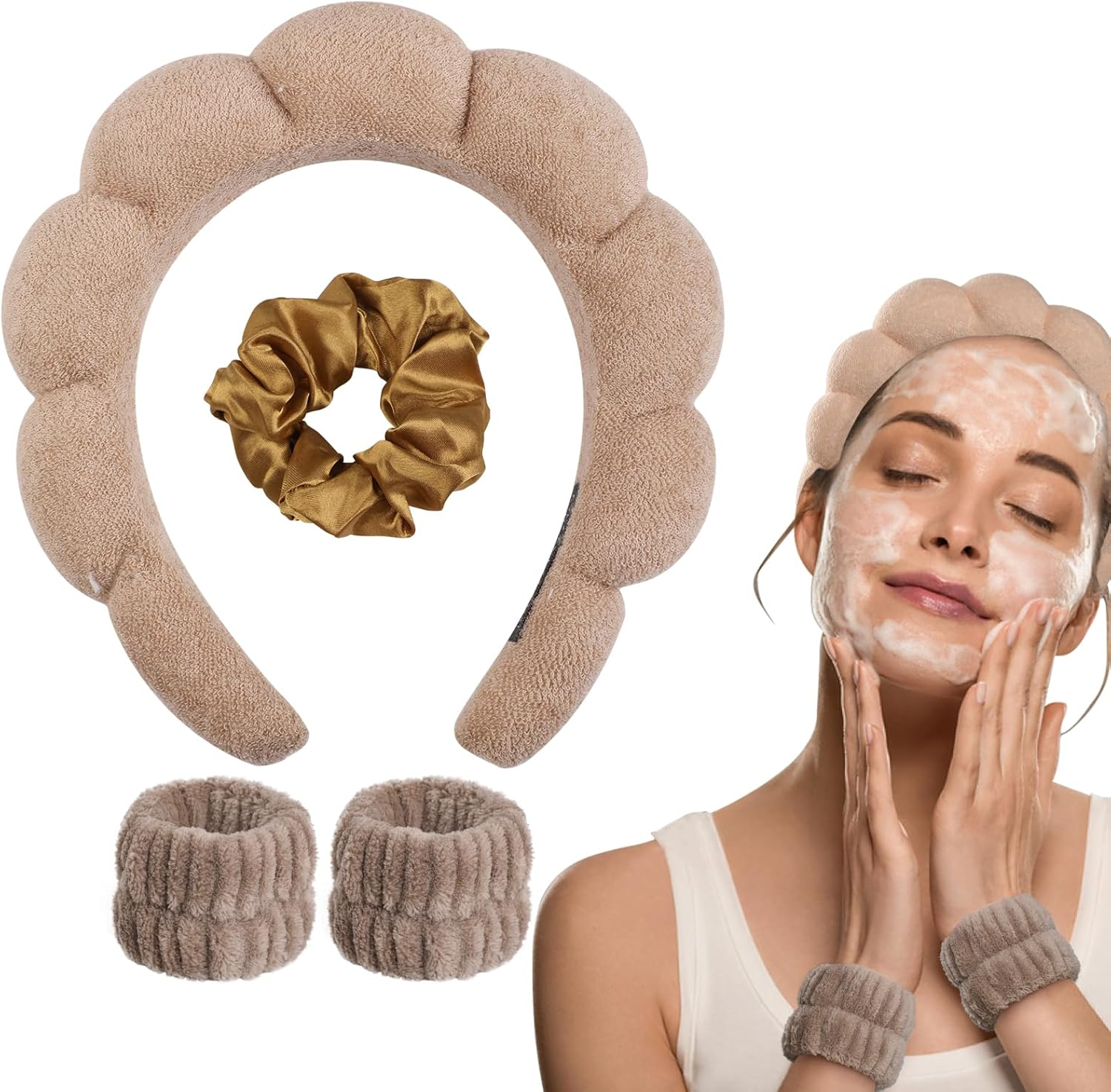 WD&CD Spa Makeup Headband Set, Headband Skincare Headband for Woman, Face Wash Wristband and Scrunchies for Hair, Coffee