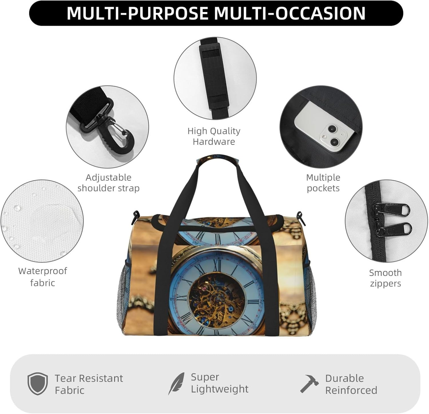 Gears Clock Bronze Century Print Functional Travel Tote Ample Space Travel Bag Foldable Carry on Tote for Weekender image number 5