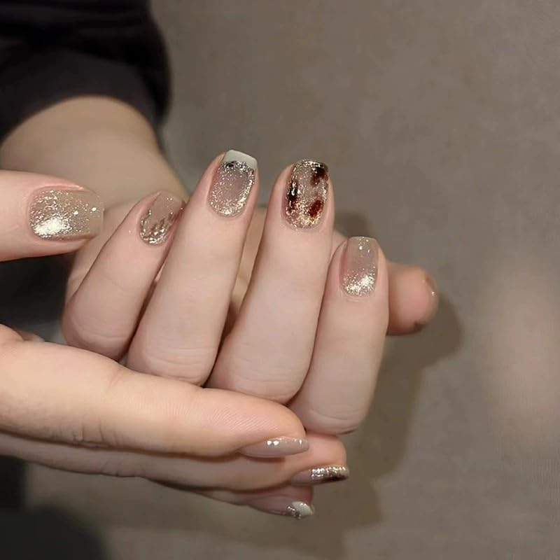 Pack of 30 French Press on Nails Short Coffin Artificial Nails Gilded Cat Eye Fingernails for Sticking Deep Brown Dyeing Adhesive Nails Set Acrylic Nail Tips Women Spring Summer Nail Accessories - 42511 image number 2