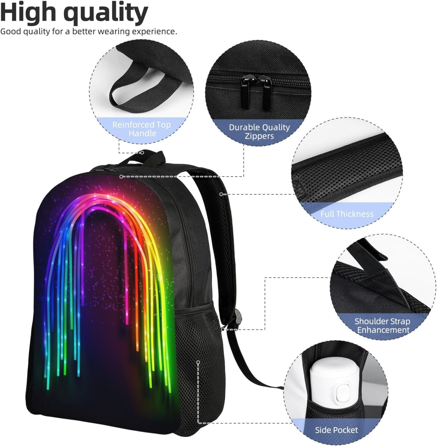 FJWSLCH Rainbow Neon Backpack for Women Men Laptop Backpack 16.1 Inch Computer Bag Casual Daypack for Travel, Black, One Size, Travel Backpacks image number 3