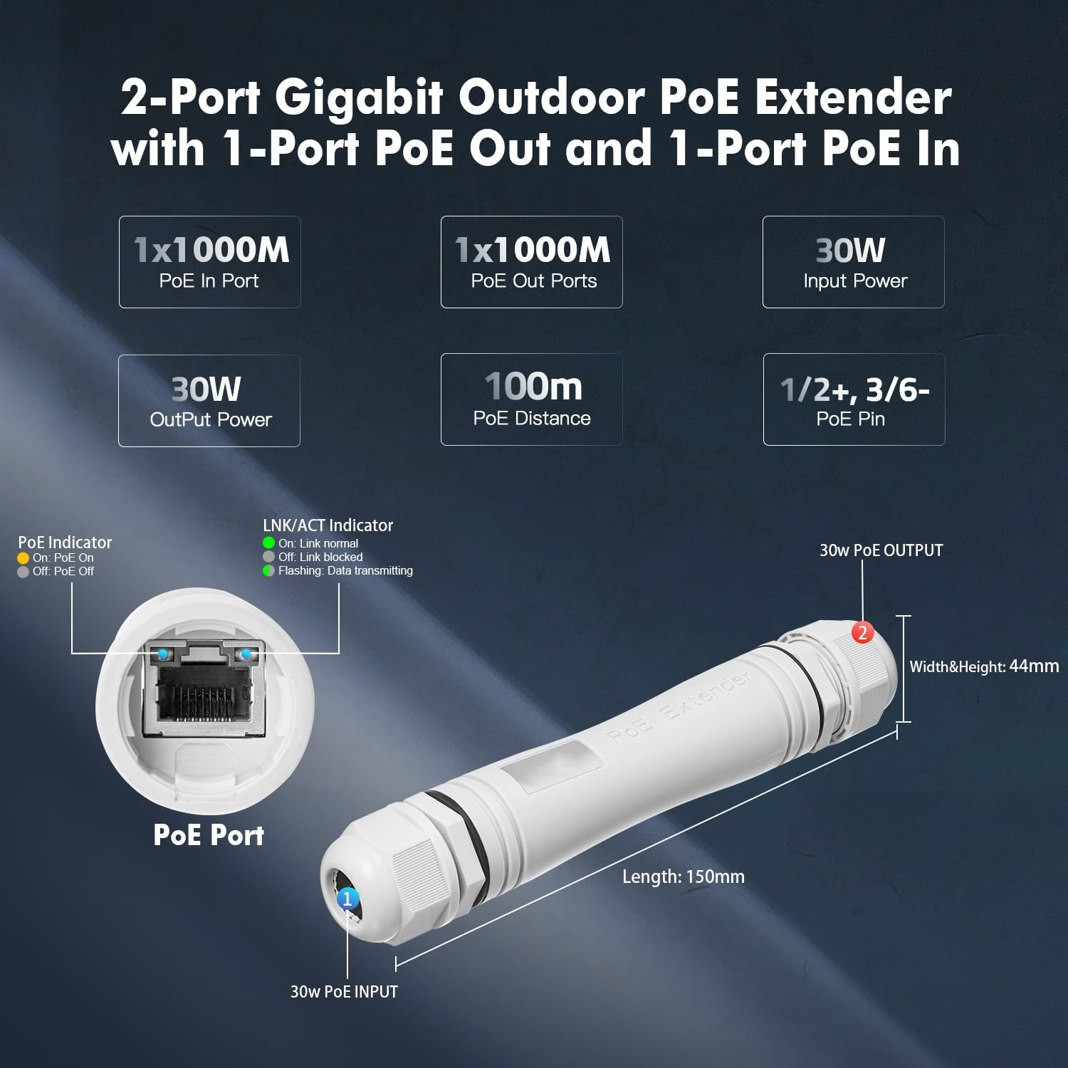 Outdoor IP67 Waterproof Gigabit Poe Passthrough Switch, 1 Poe in 1 Poe Out Extender, Ieee802.3Af/At Poe Powered 30W, 10/100/1000Mbps Ethernet, Wall Mount Plug and Play image number 5