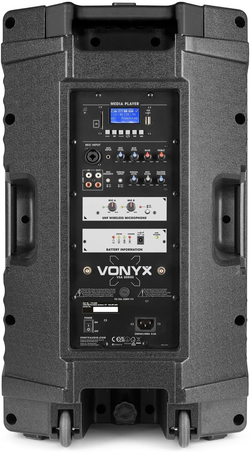 Vonyx VSA700-BP 15" Portable PA Active Speaker System, Big Bluetooth Speaker with Battery, Wireless Handheld and Headset Bodypack Microphones, Powered PA Speaker, Rechargeable Battery - 1000W image number 2